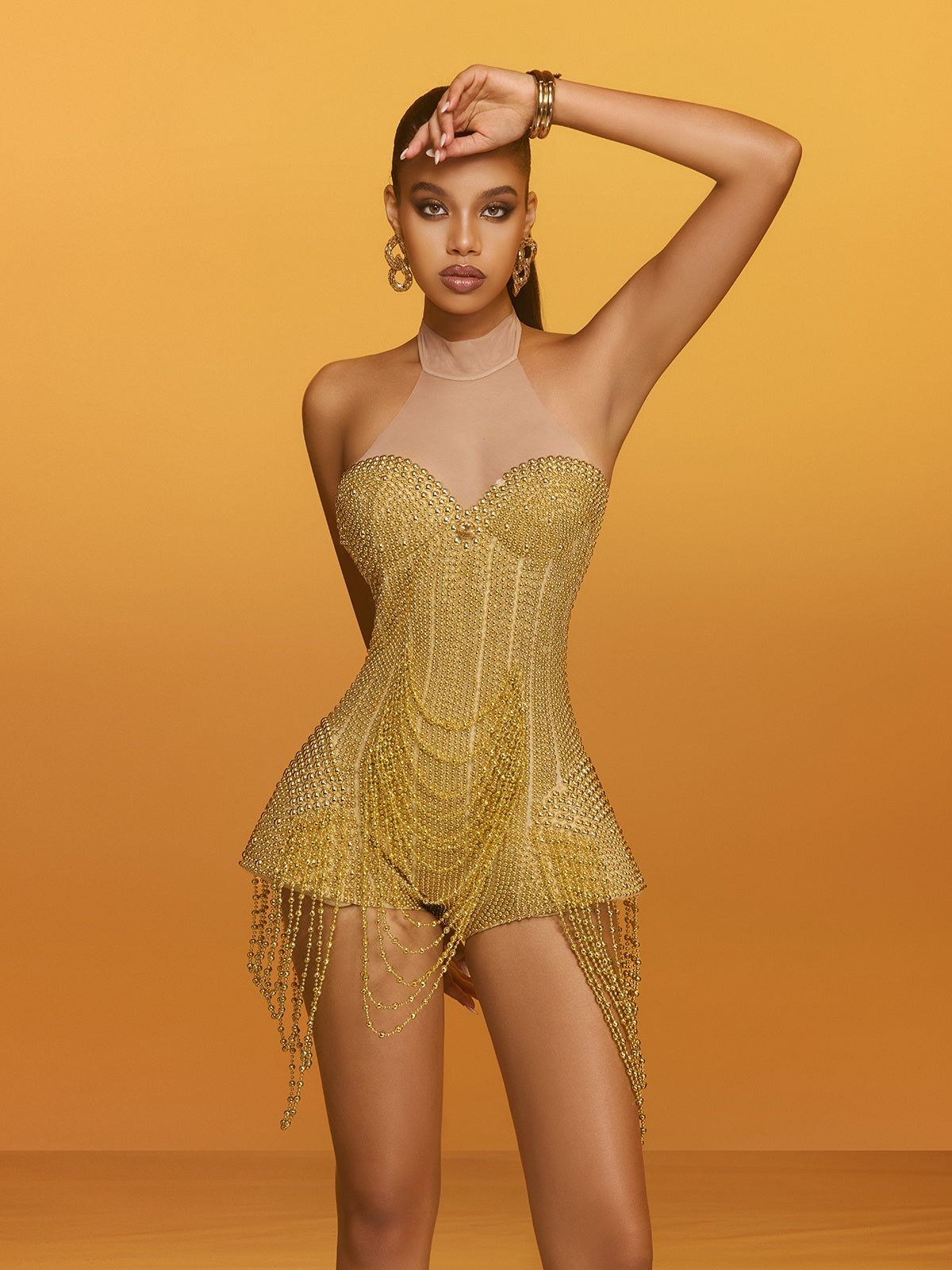Abbott Halterneck Pearl Romper In Gold