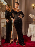 Abihail Off Shoulder Rhinestone Velvet Maxi Dress