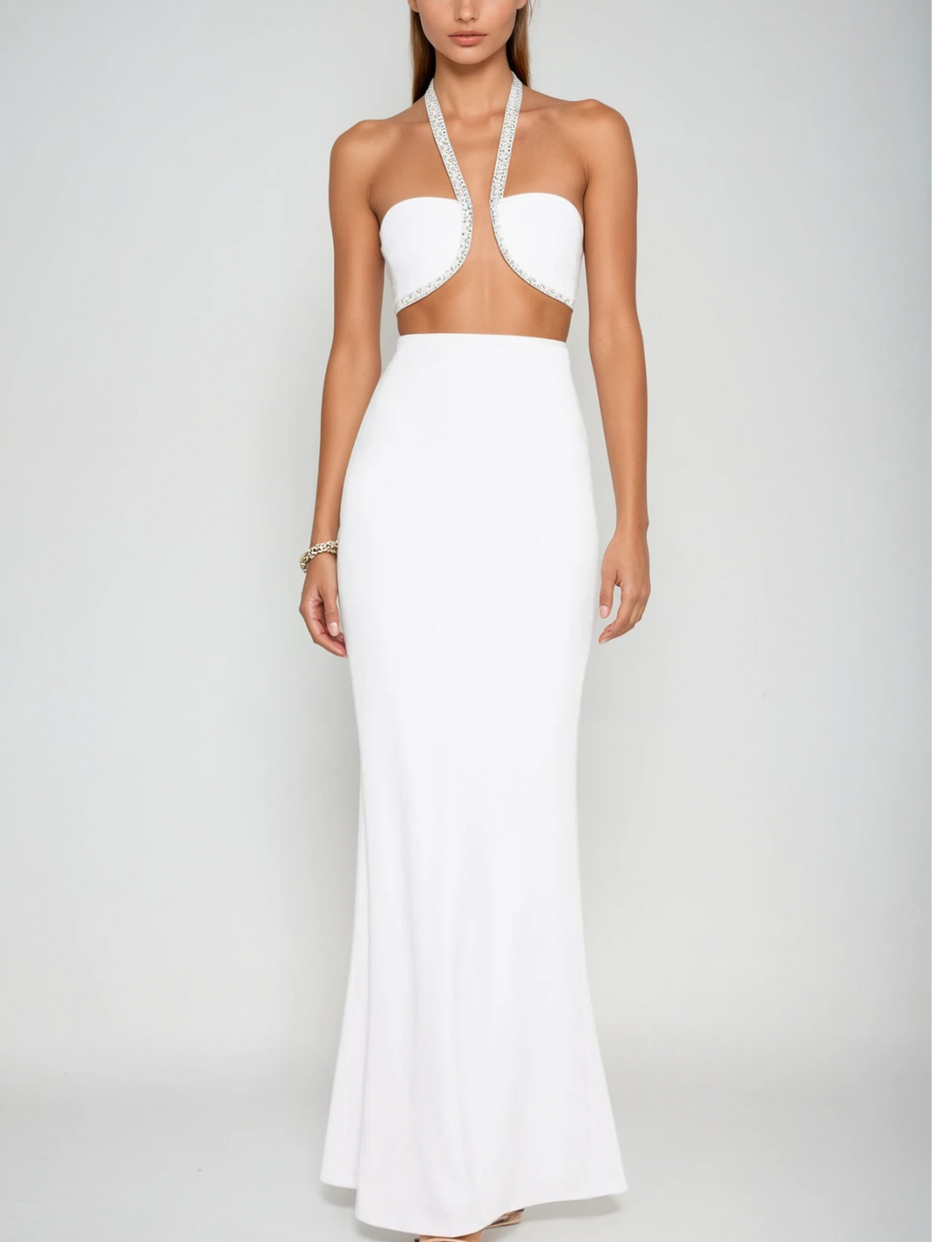 Acer Halterneck Crystal Maxi Dress In White