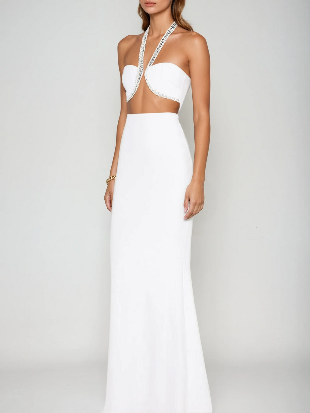 Acer Halterneck Crystal Maxi Dress In White