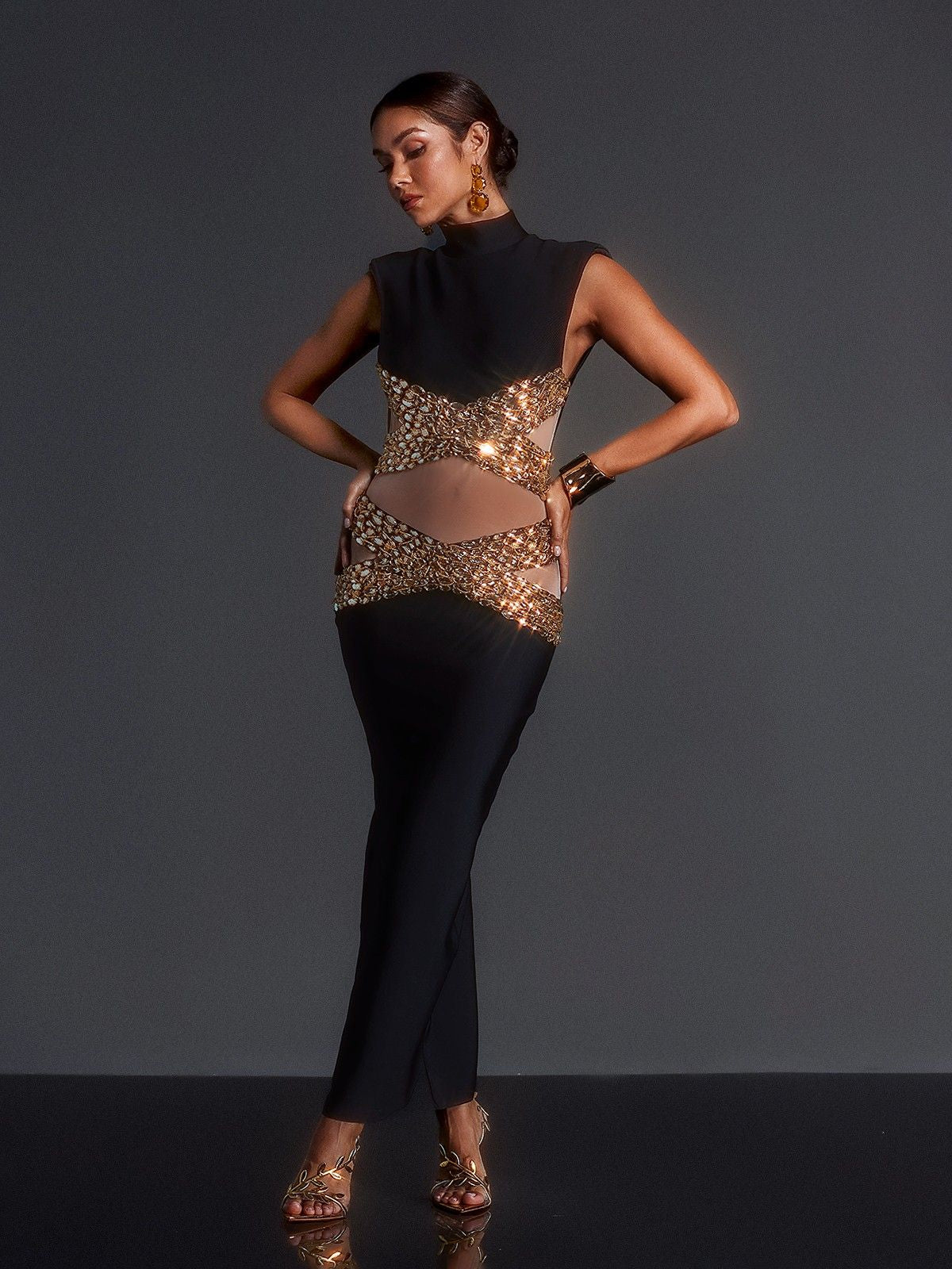 Adena High Neck Rhinestone Bandage Maxi Dress