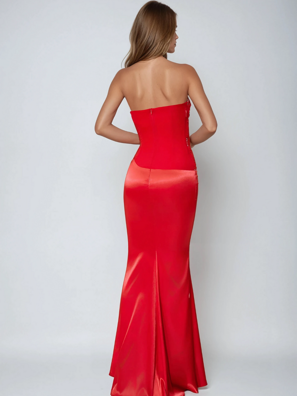 Adolfo Strapless Crystal Satin Maxi Dress