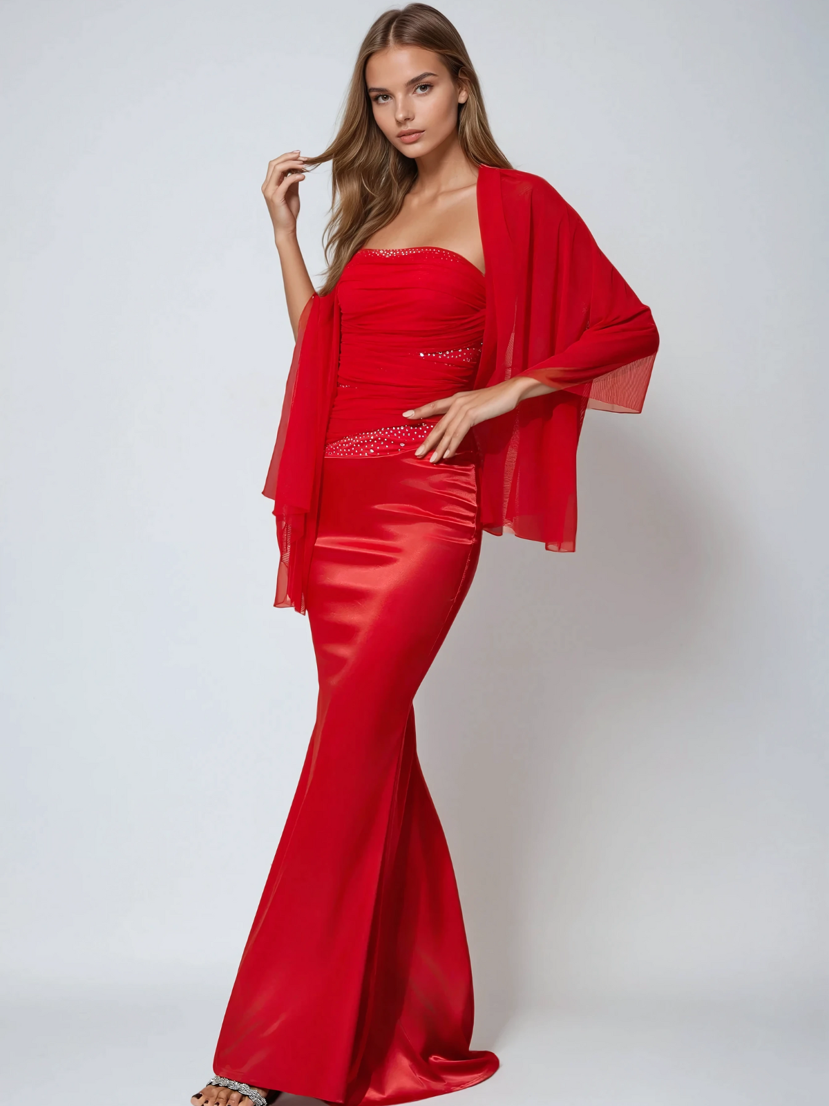 Adolfo Strapless Crystal Satin Maxi Dress
