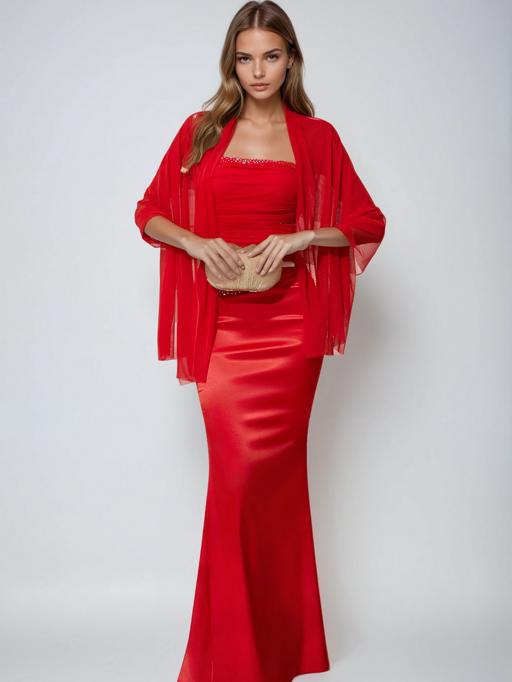 Adolfo Strapless Crystal Satin Maxi Dress