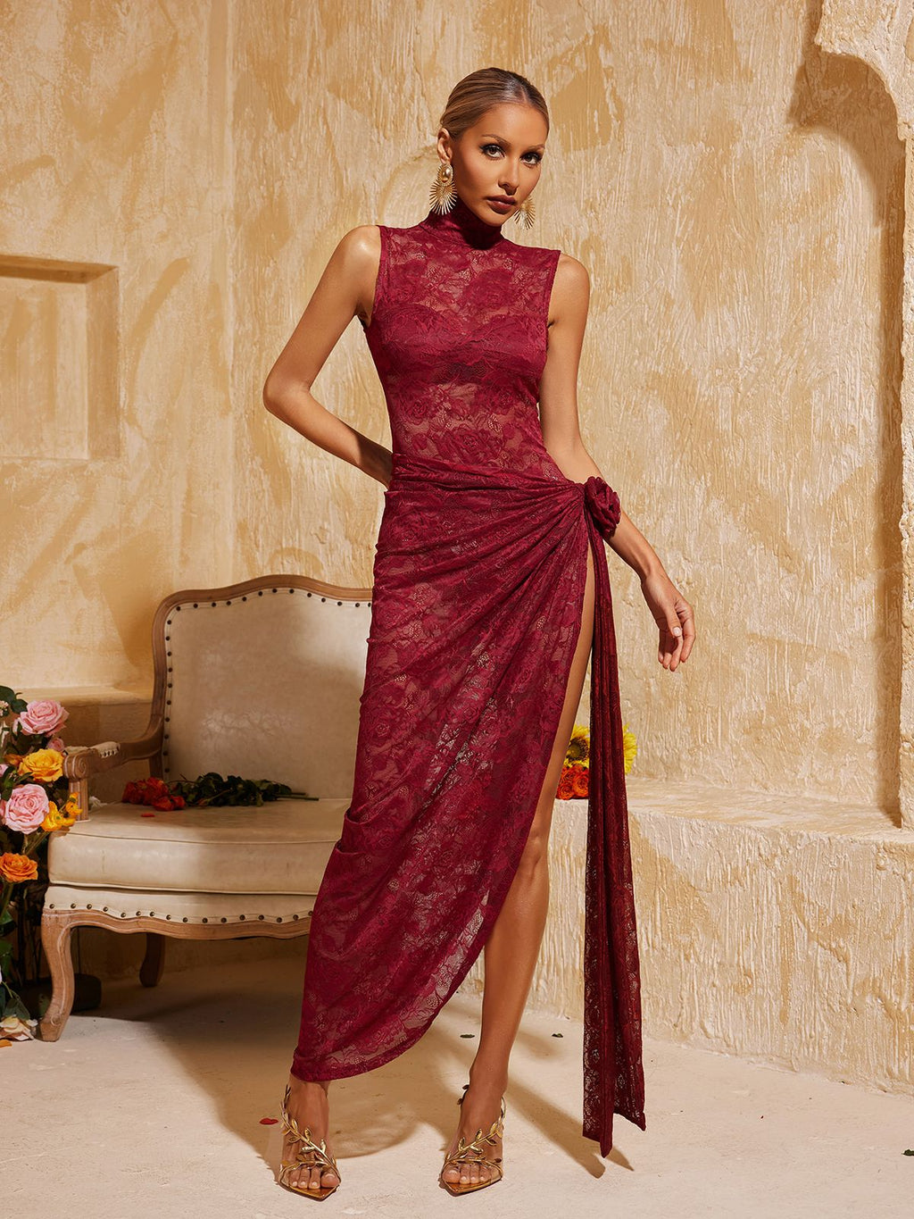 Aelithra High Neck Split Flower Maxi Dress In Wine