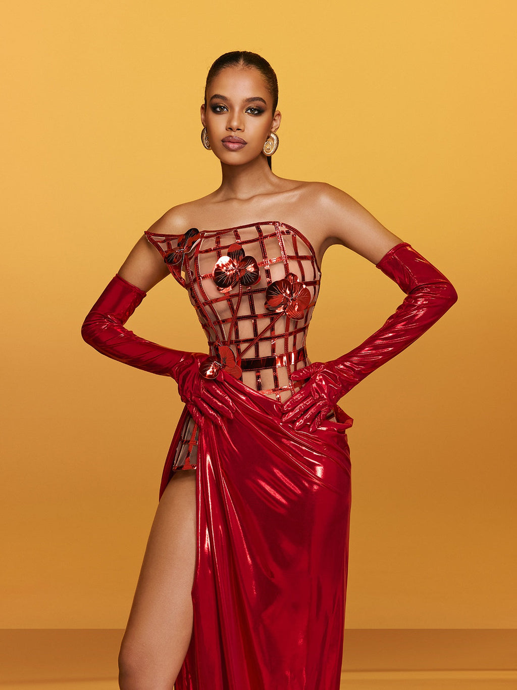 Aethon Strapless Metallic Flower Maxi Dress In Red