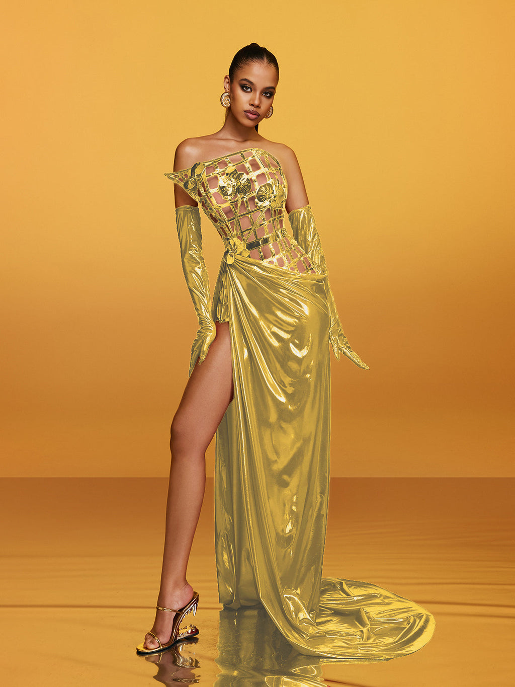Aethon Strapless Metallic Flower Maxi Dress In Gold