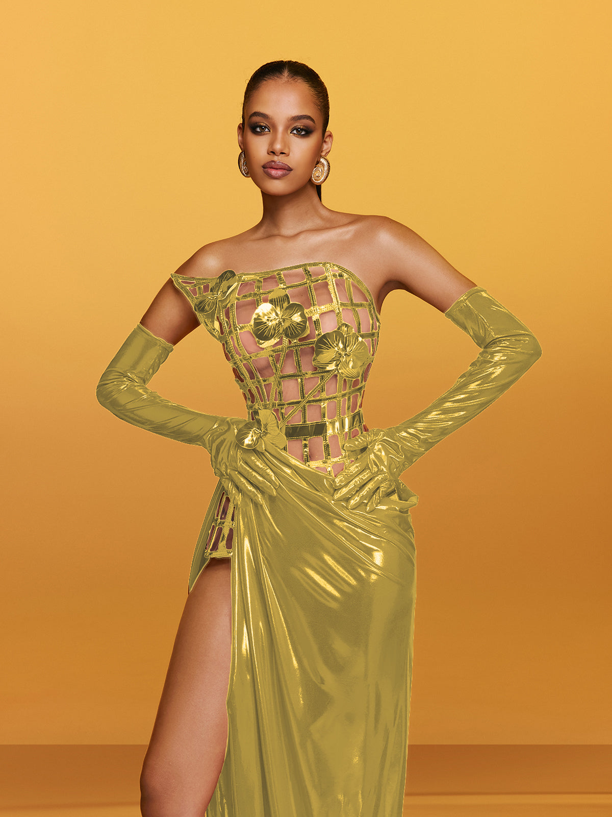 Aethon Strapless Metallic Flower Maxi Dress In Gold