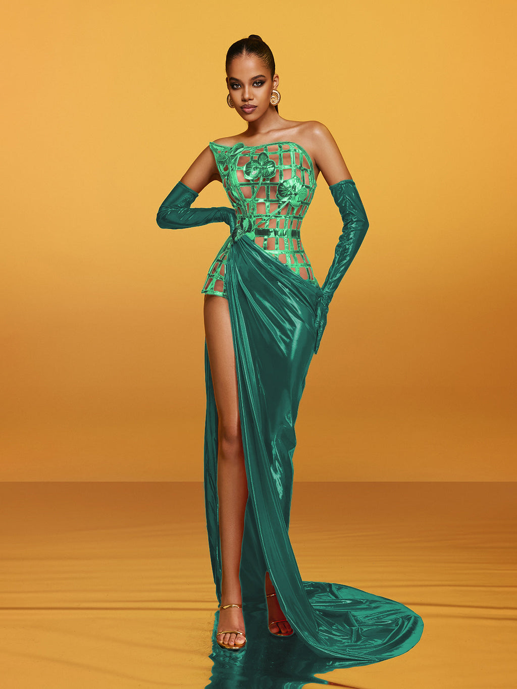 Aethon Strapless Metallic Flower Maxi Dress In Green