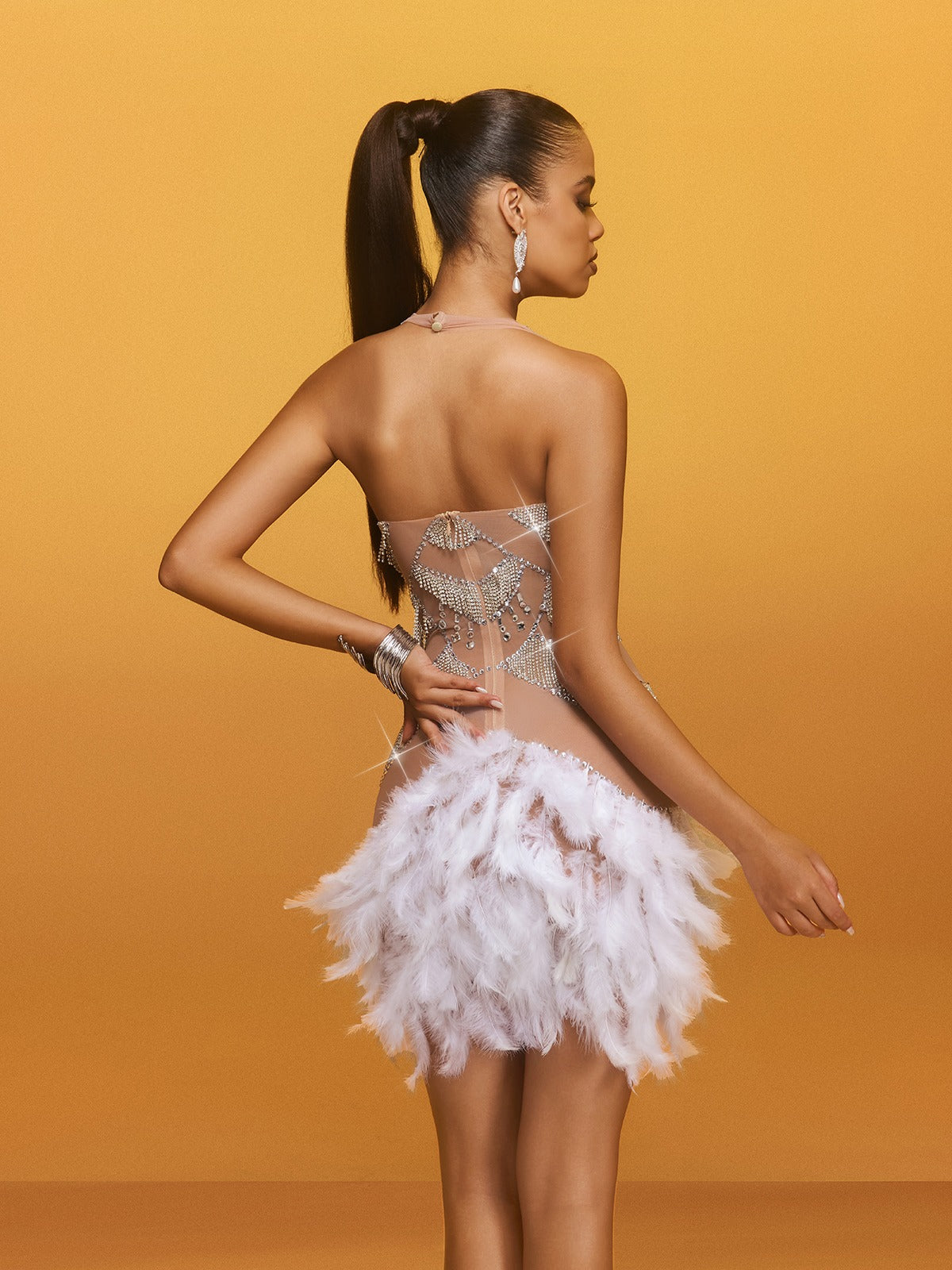 Aevon Halterneck Rhinestone Feather Mini Dress