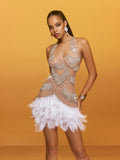 Aevon Halterneck Rhinestone Feather Mini Dress