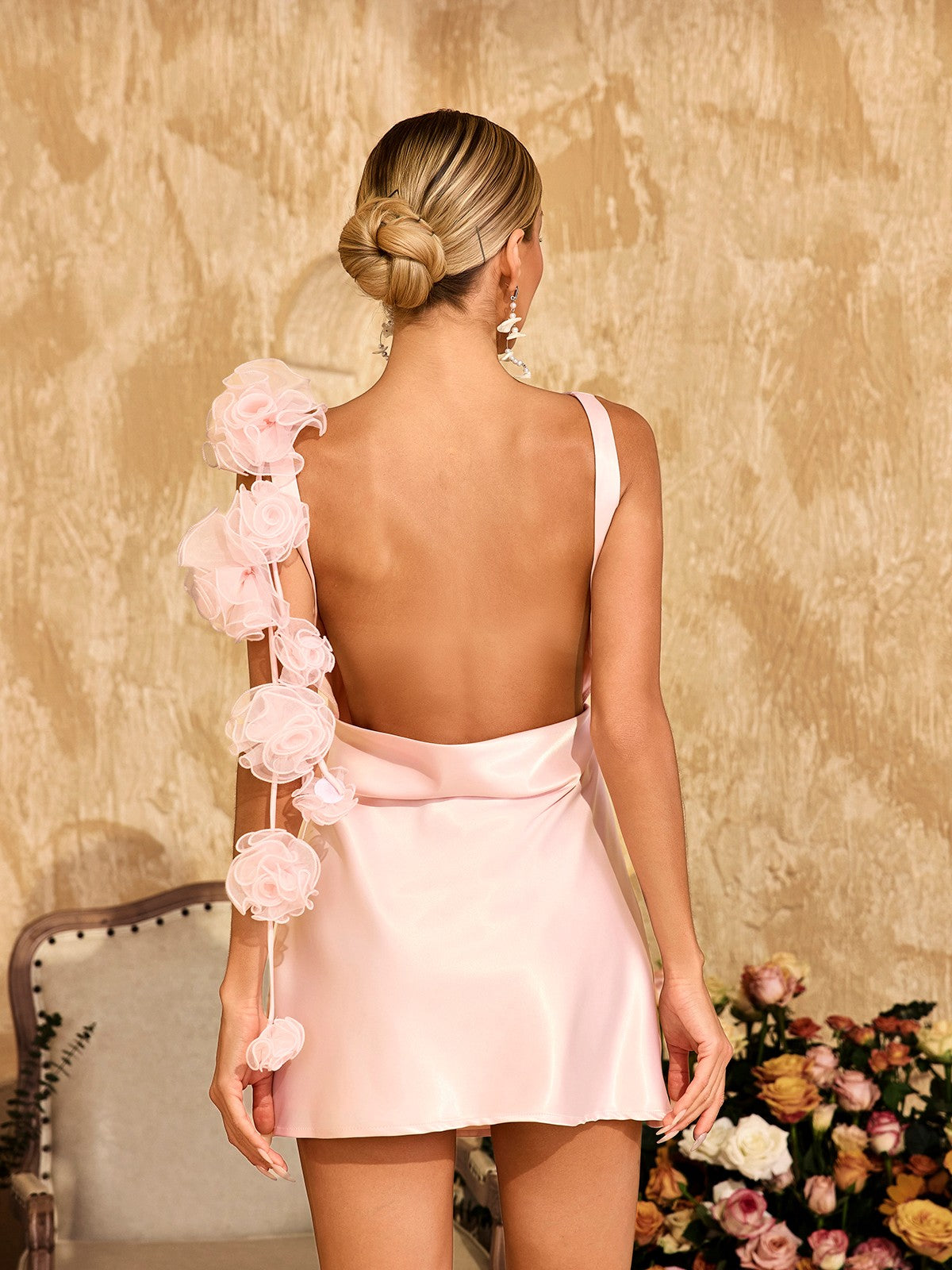 Aevorix Backless Flower Satin Mini Dress In Pink
