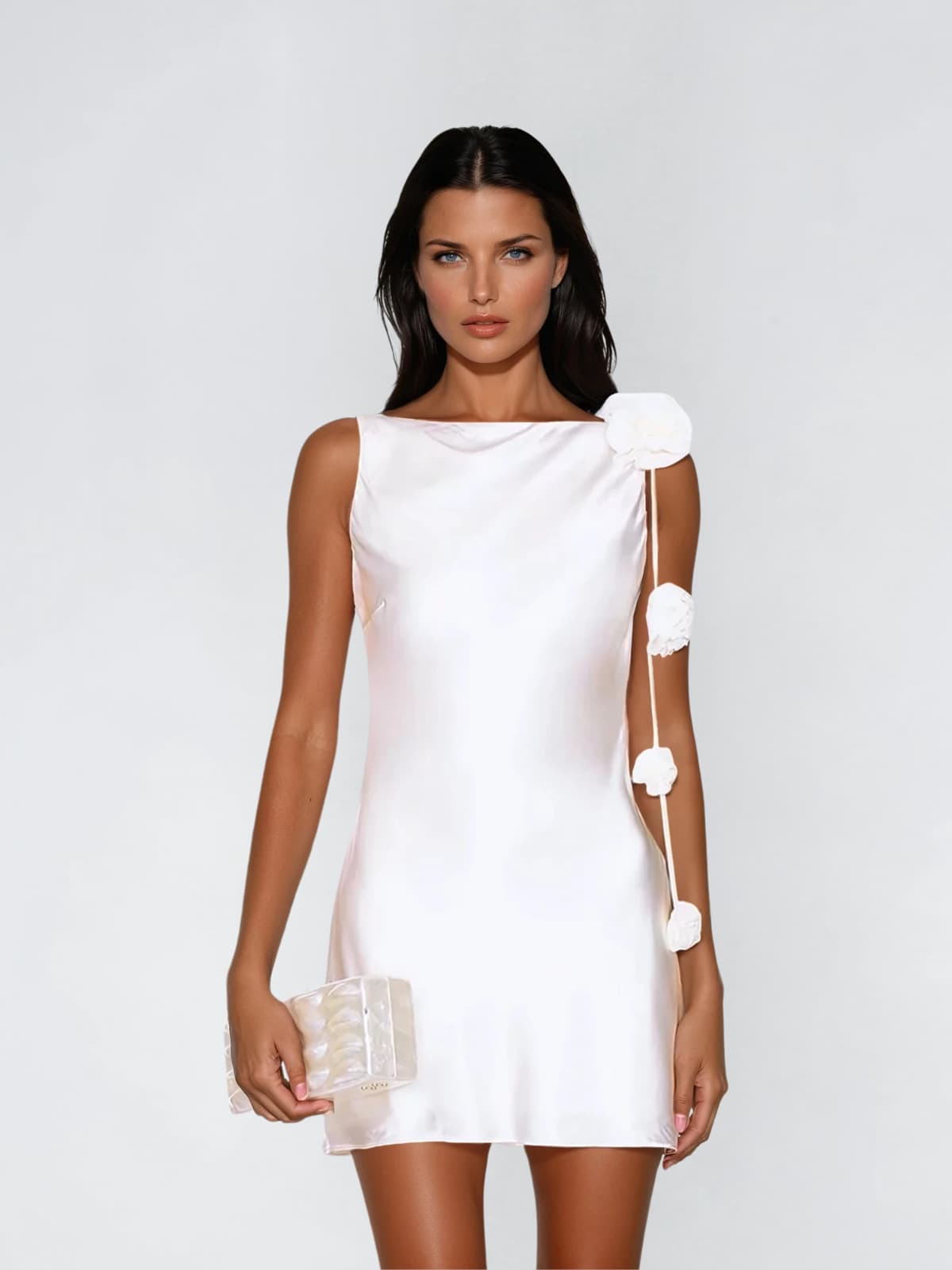 Aevorix Backless Flower Satin Mini Dress In White