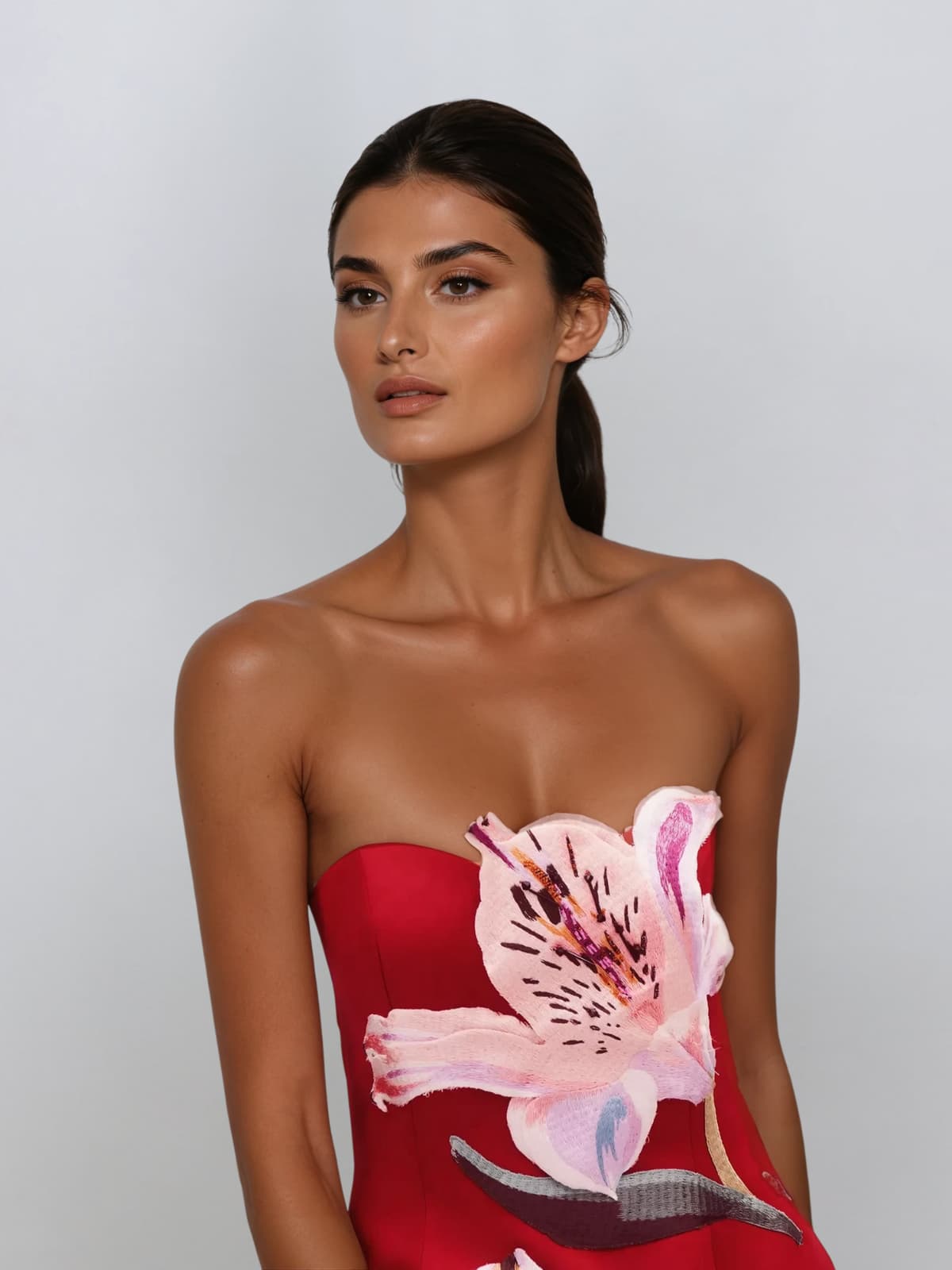 Aglaja Strapless Flower Mini Dress In Hot Pink