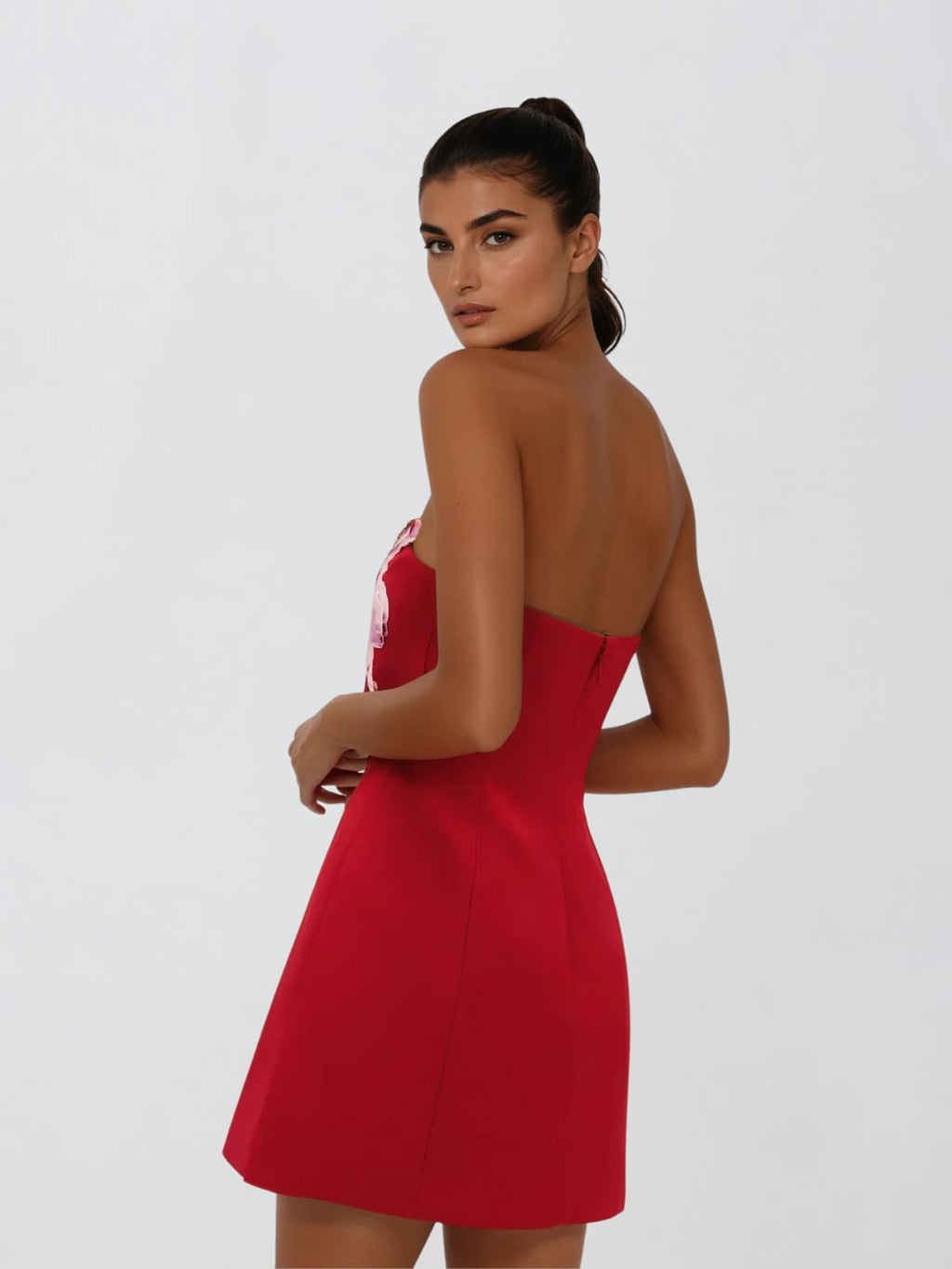 Aglaja Strapless Flower Mini Dress In Hot Pink