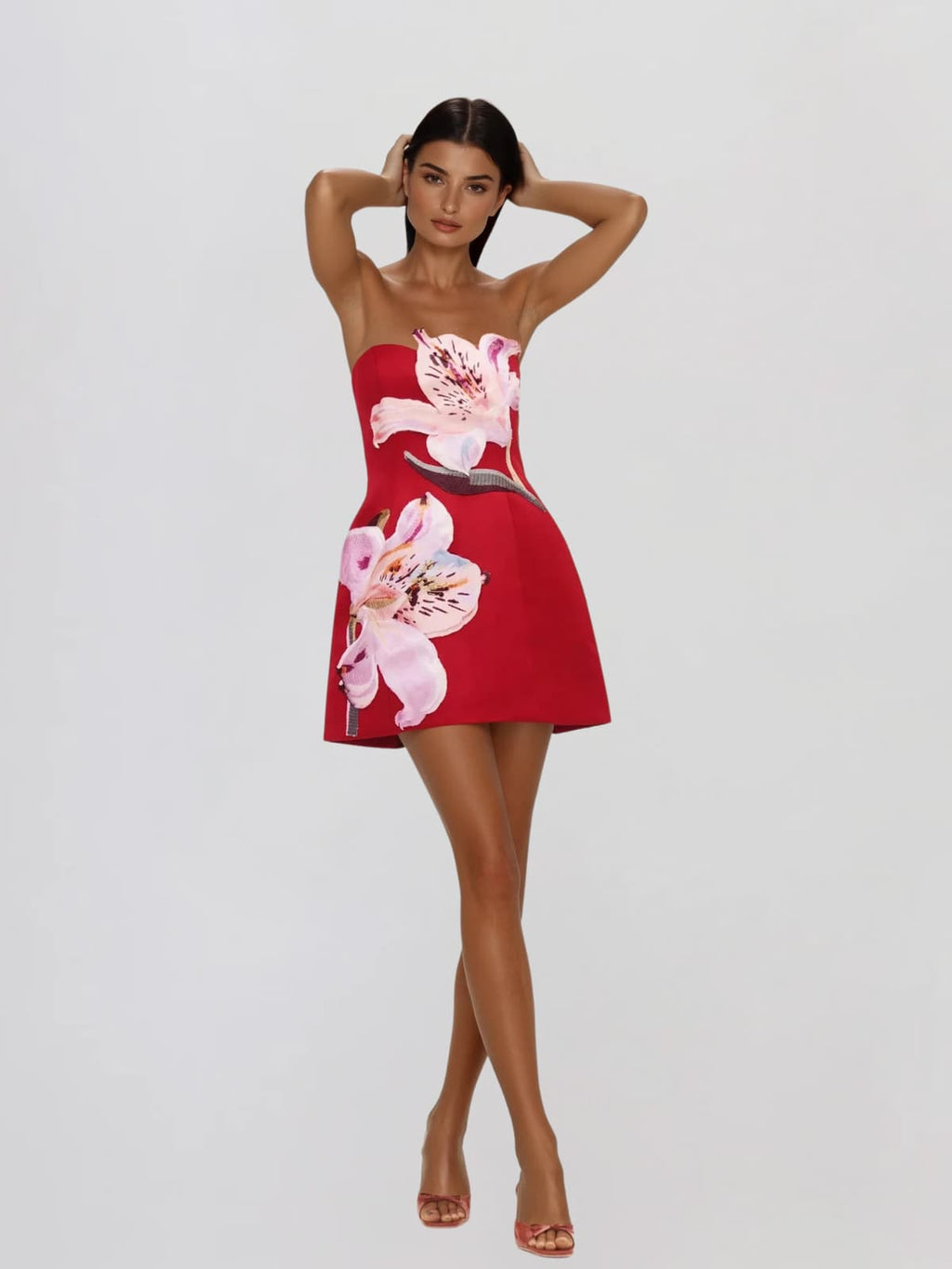 Aglaja Strapless Flower Mini Dress In Hot Pink