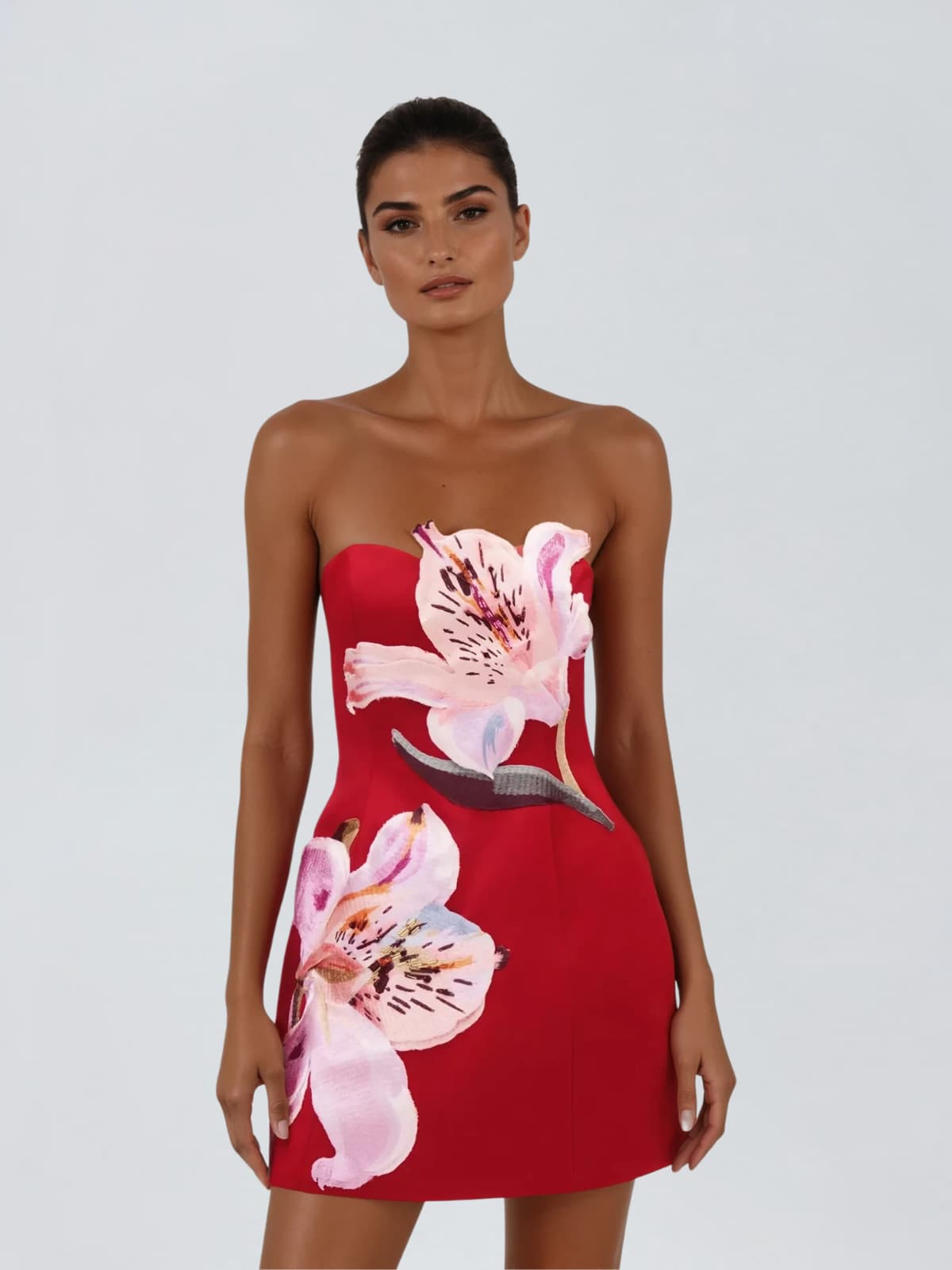 Aglaja Strapless Flower Mini Dress In Hot Pink