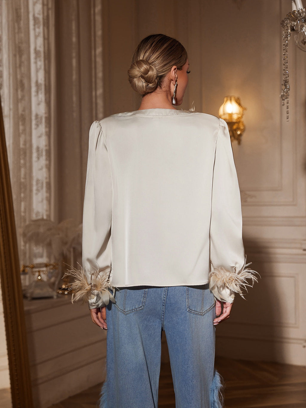 Agneza Cowl Neck Feather Trimmed Top