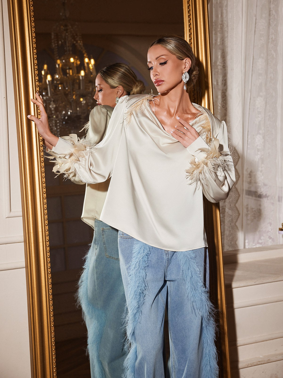 Agneza Cowl Neck Feather Trimmed Top