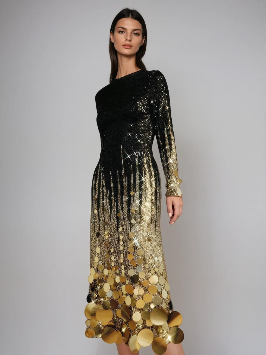 Aistulf Long Sleeve Round Sequin Midi Dress