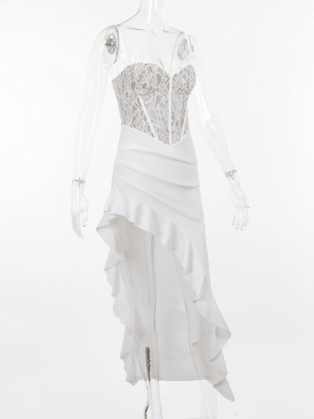 Aizen Lace Asymmetric Ruffle Midi Dress