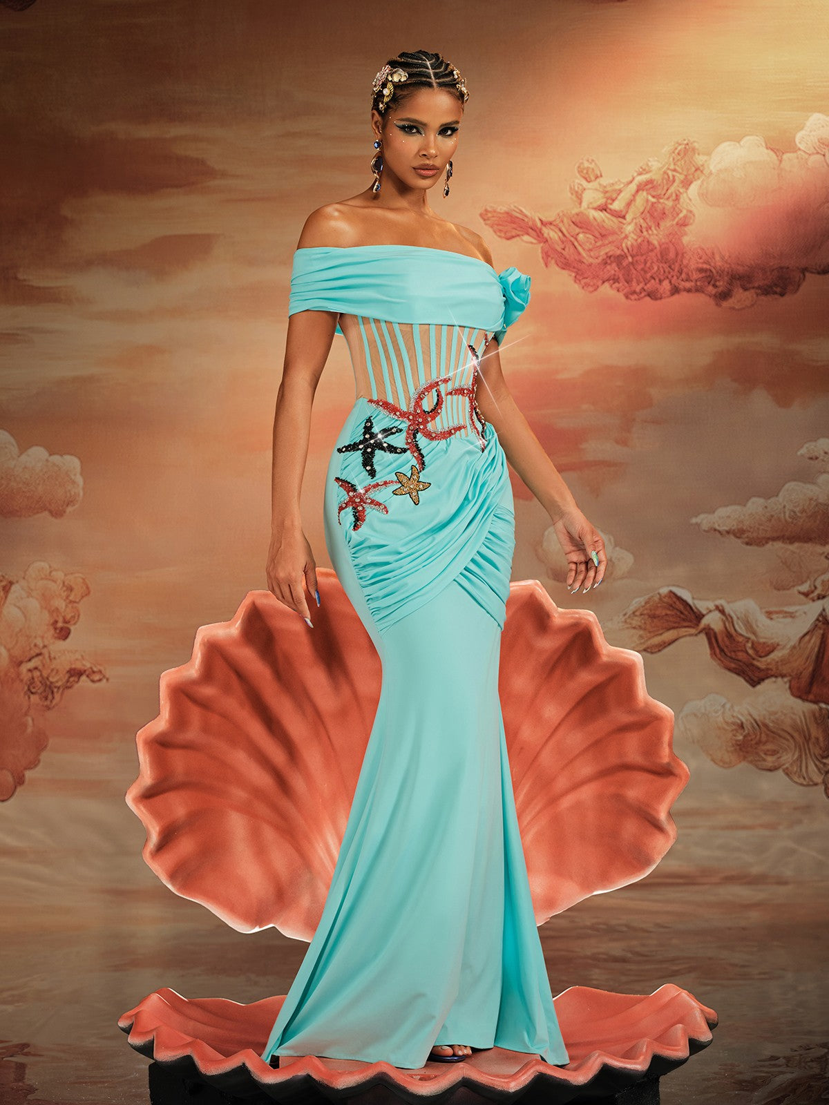 Ajamu Off Shoulder Starfish Pearl Maxi Dress