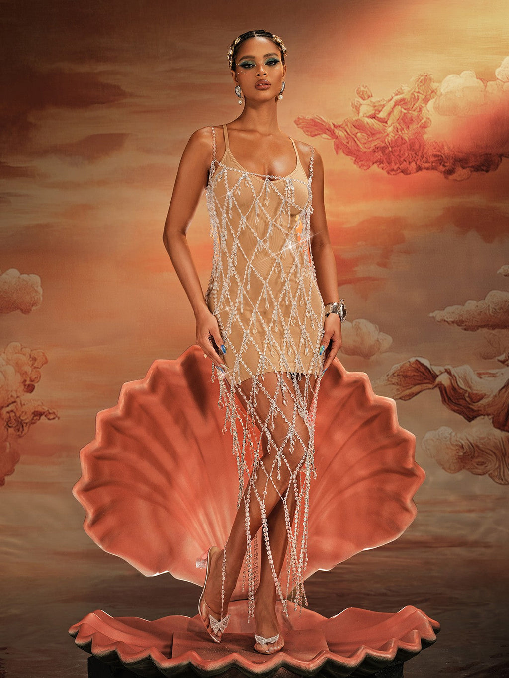 Akello Bead Rhinestone Fringe Dress