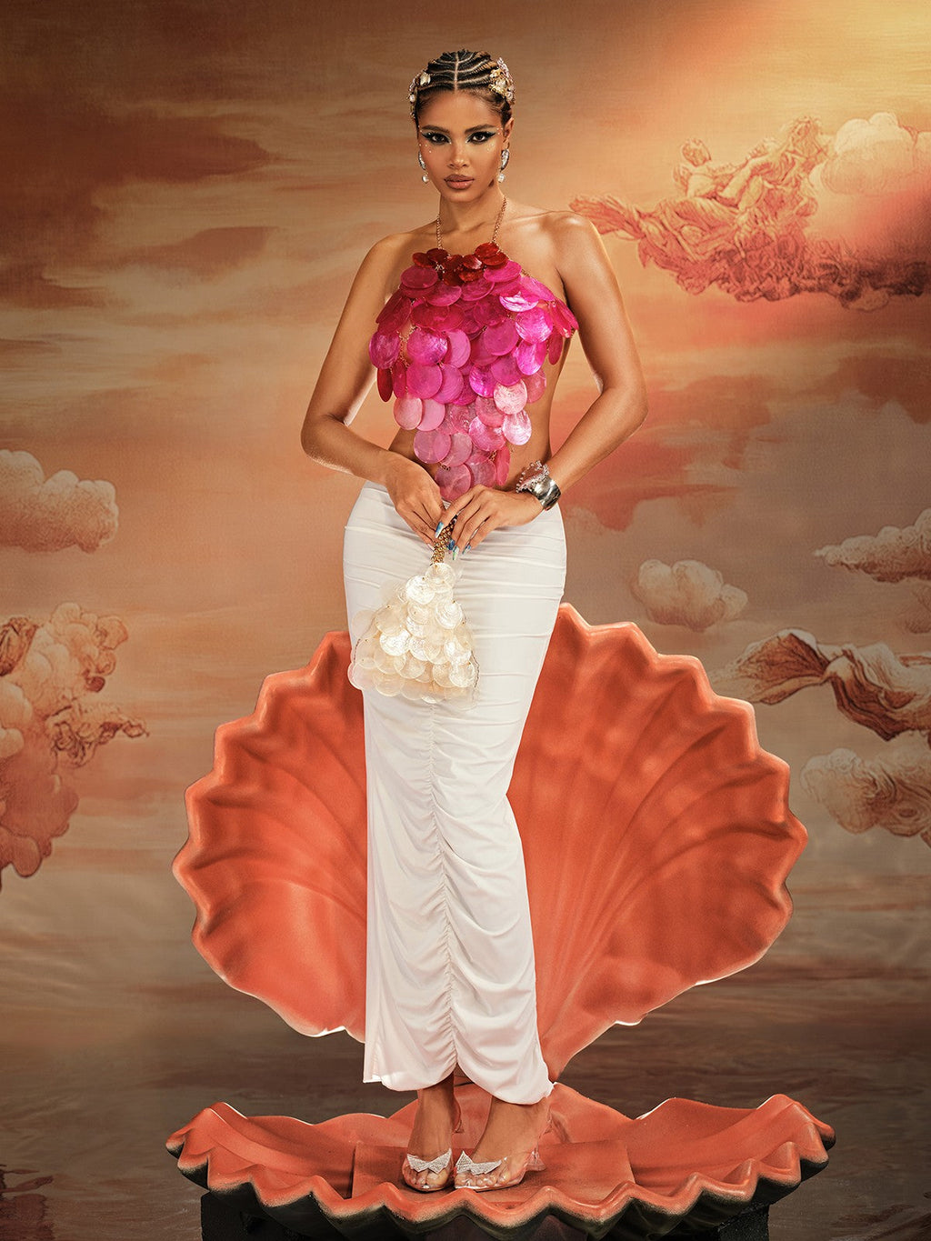 Akili Halterneck Sequin Scale Top In Hot Pink