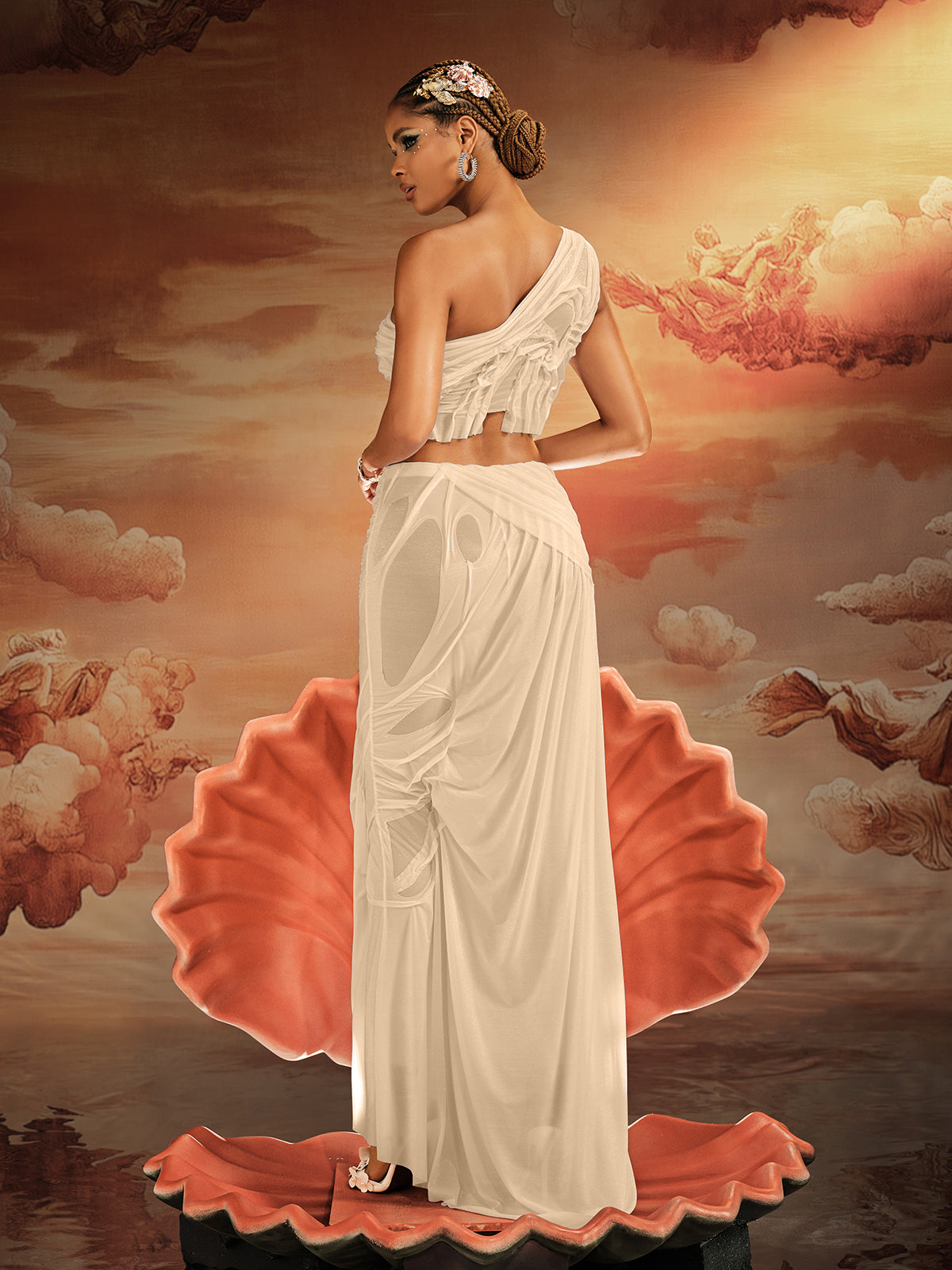 Akiye One Shoulder Ruched Skirt Set In Champagne