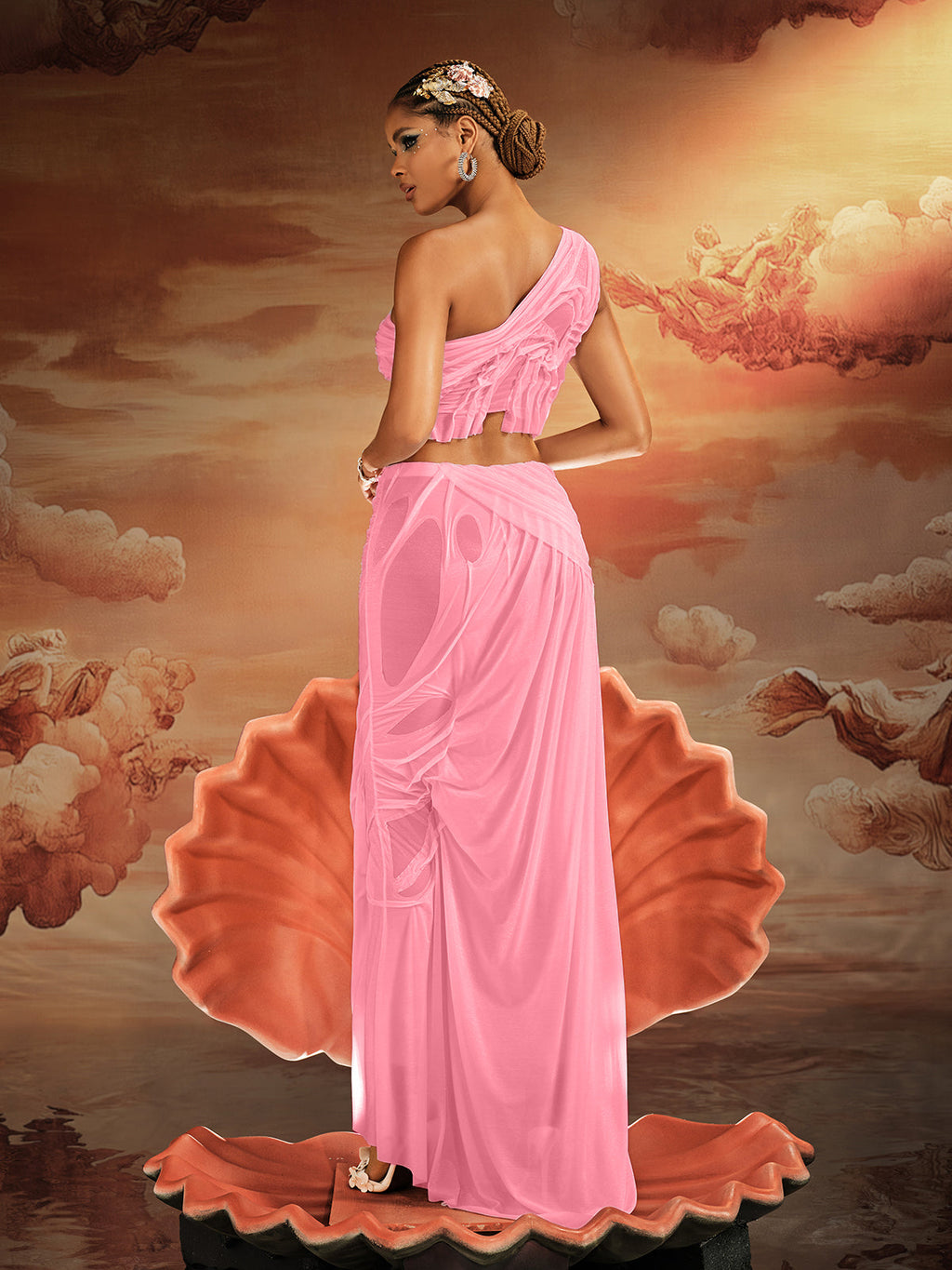Akiye One Shoulder Ruched Skirt Set In Pink