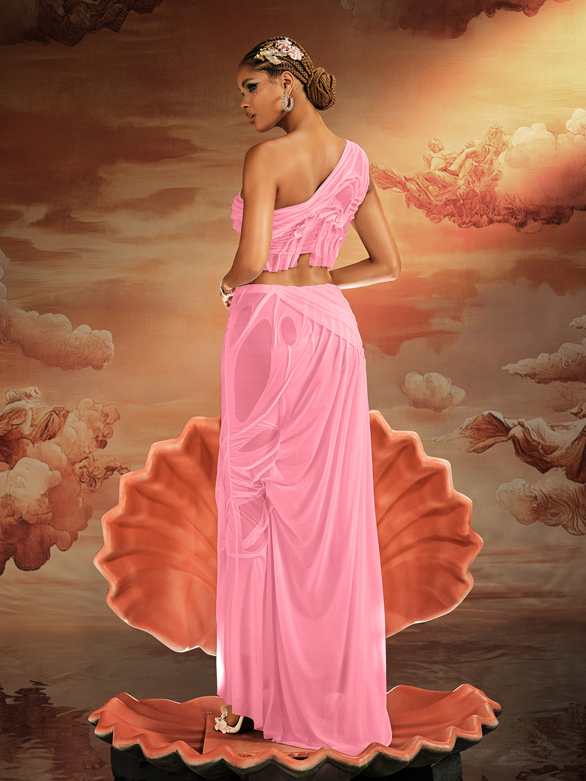 Akiye One Shoulder Ruched Skirt Set In Pink