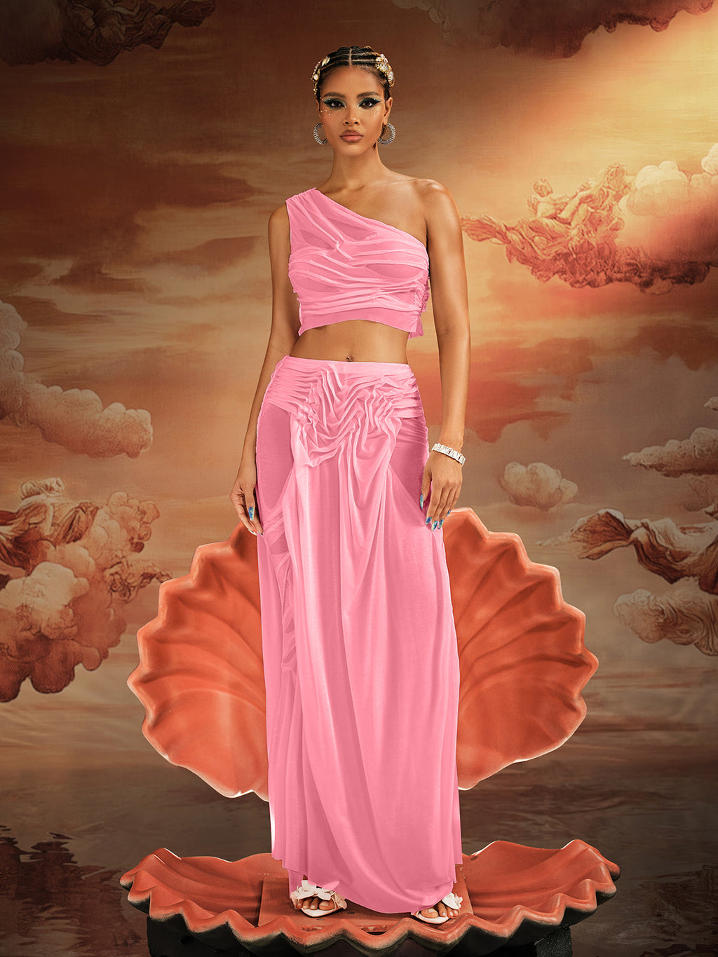 Akiye One Shoulder Ruched Skirt Set In Pink