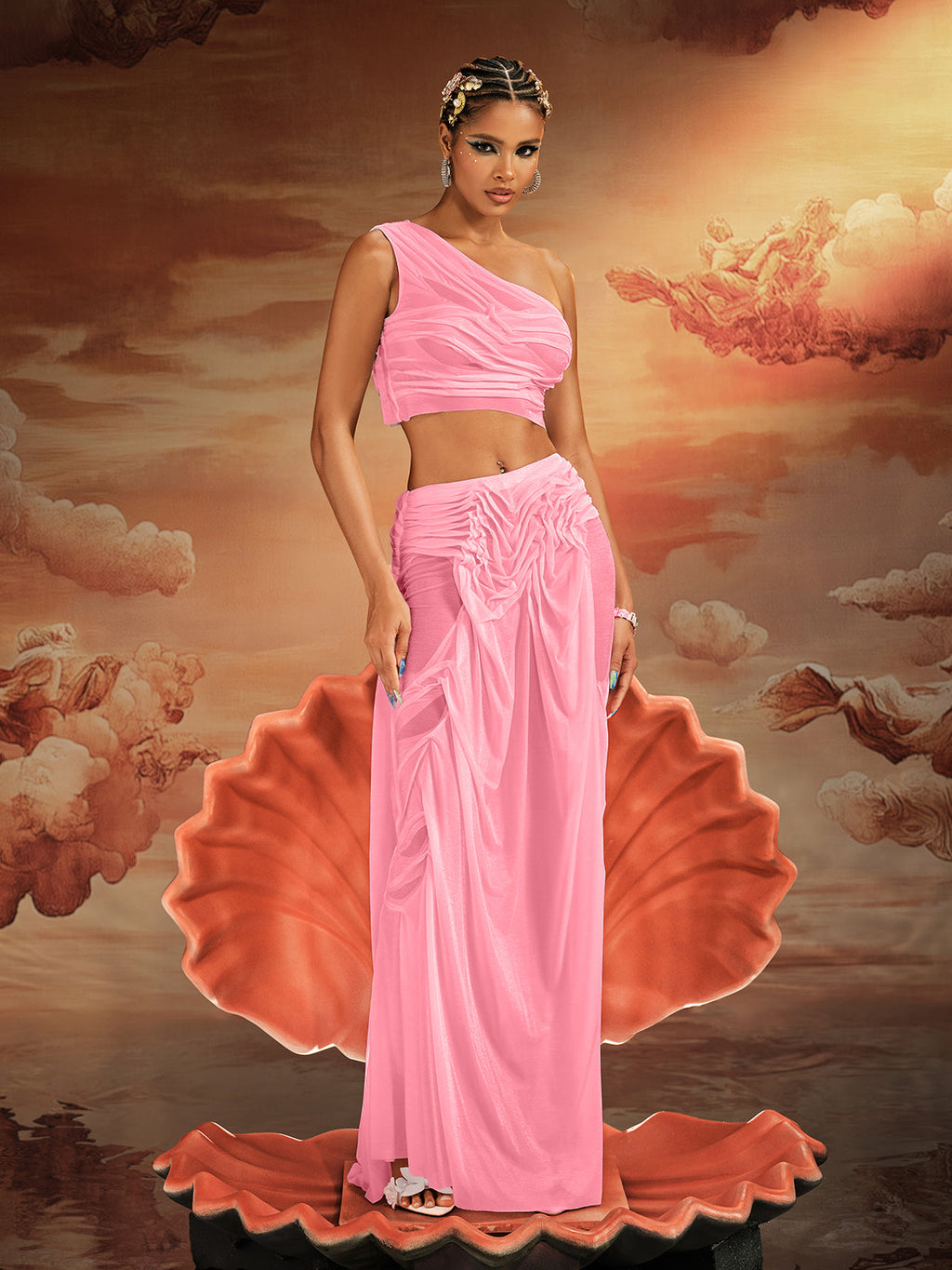 Akiye One Shoulder Ruched Skirt Set In Pink
