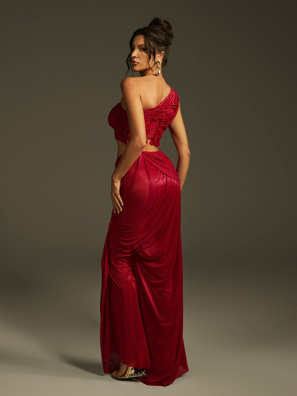 Akiye One Shoulder Ruched Skirt Set In Wine