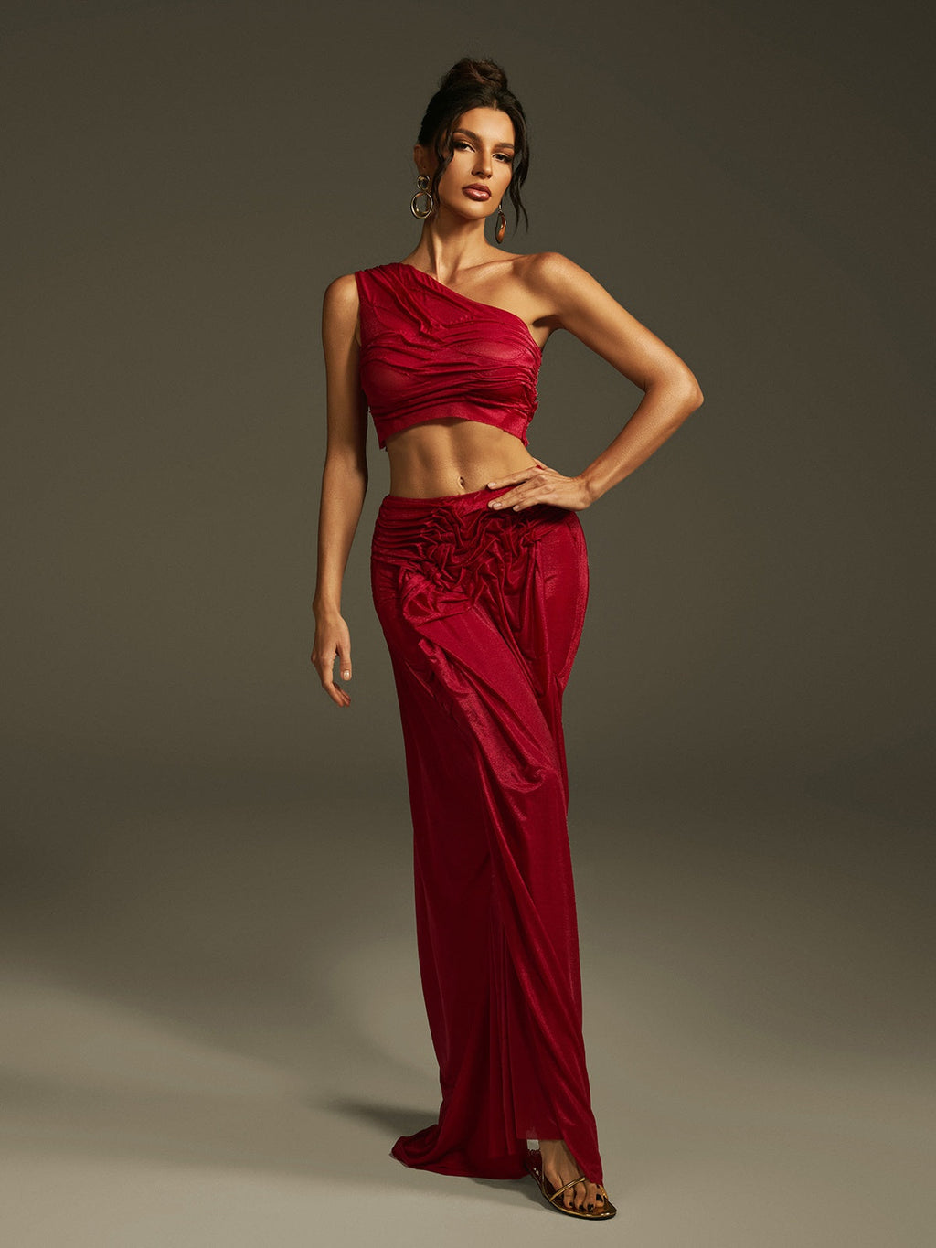 Akiye One Shoulder Ruched Skirt Set In Wine