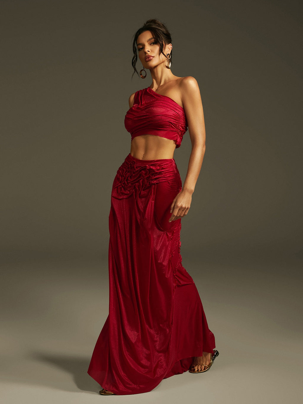Akiye One Shoulder Ruched Skirt Set In Wine