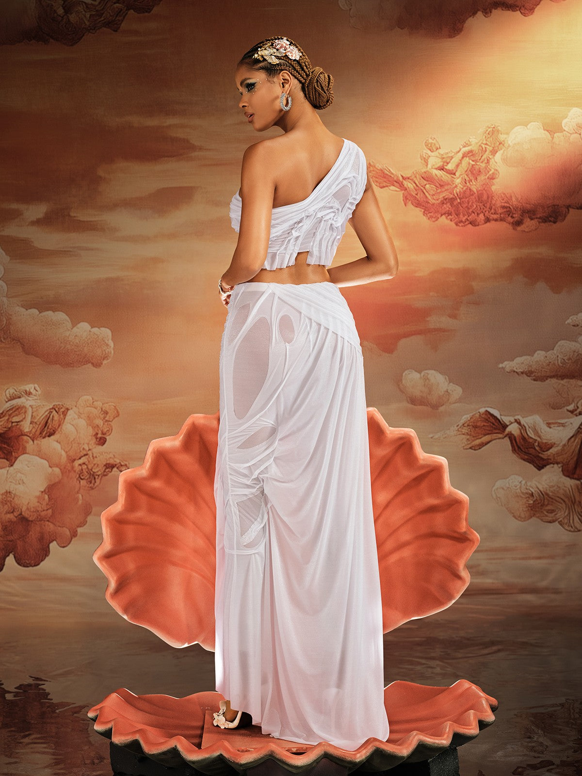 Akiye One Shoulder Ruched Skirt Set In White