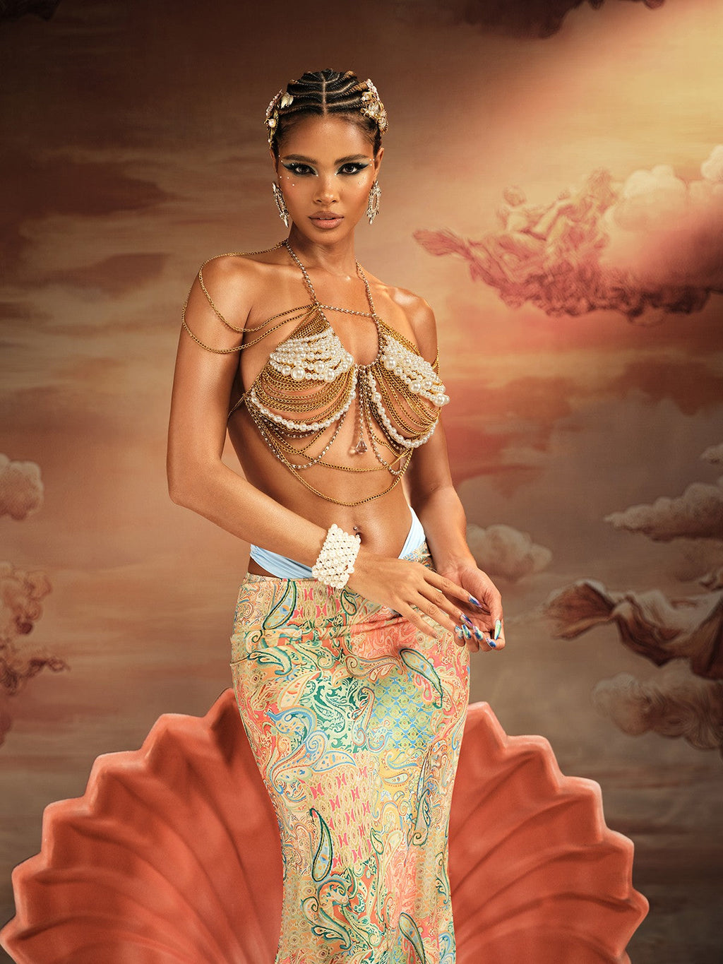 Akuji Pearl Beaded Chain Fringe Bralette