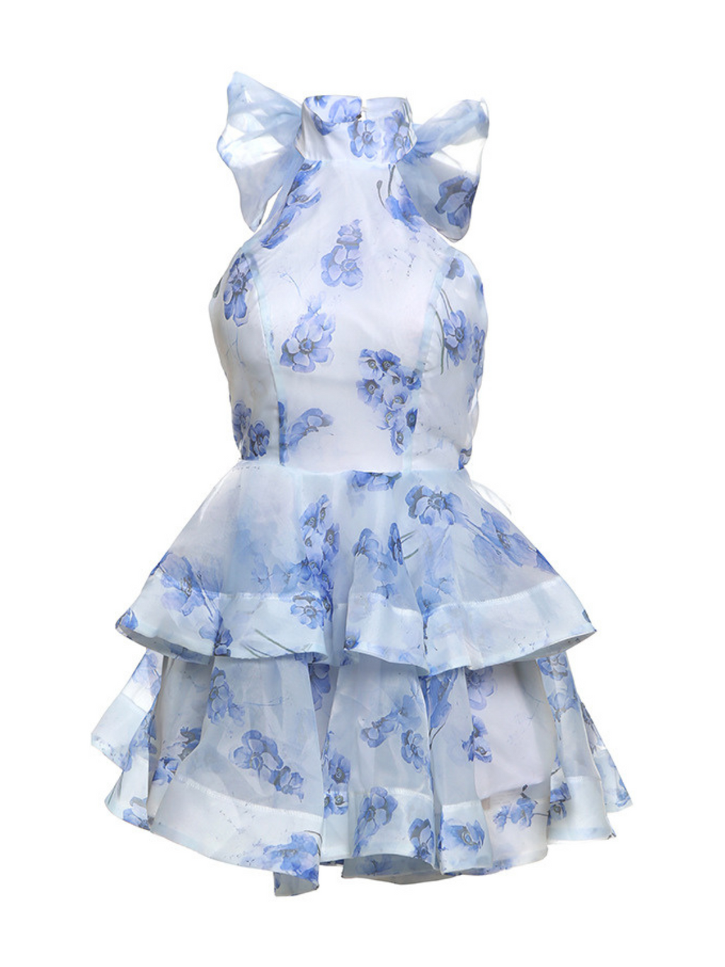 Alecto Backless Flower Printed Bow Mini Dress In Blue