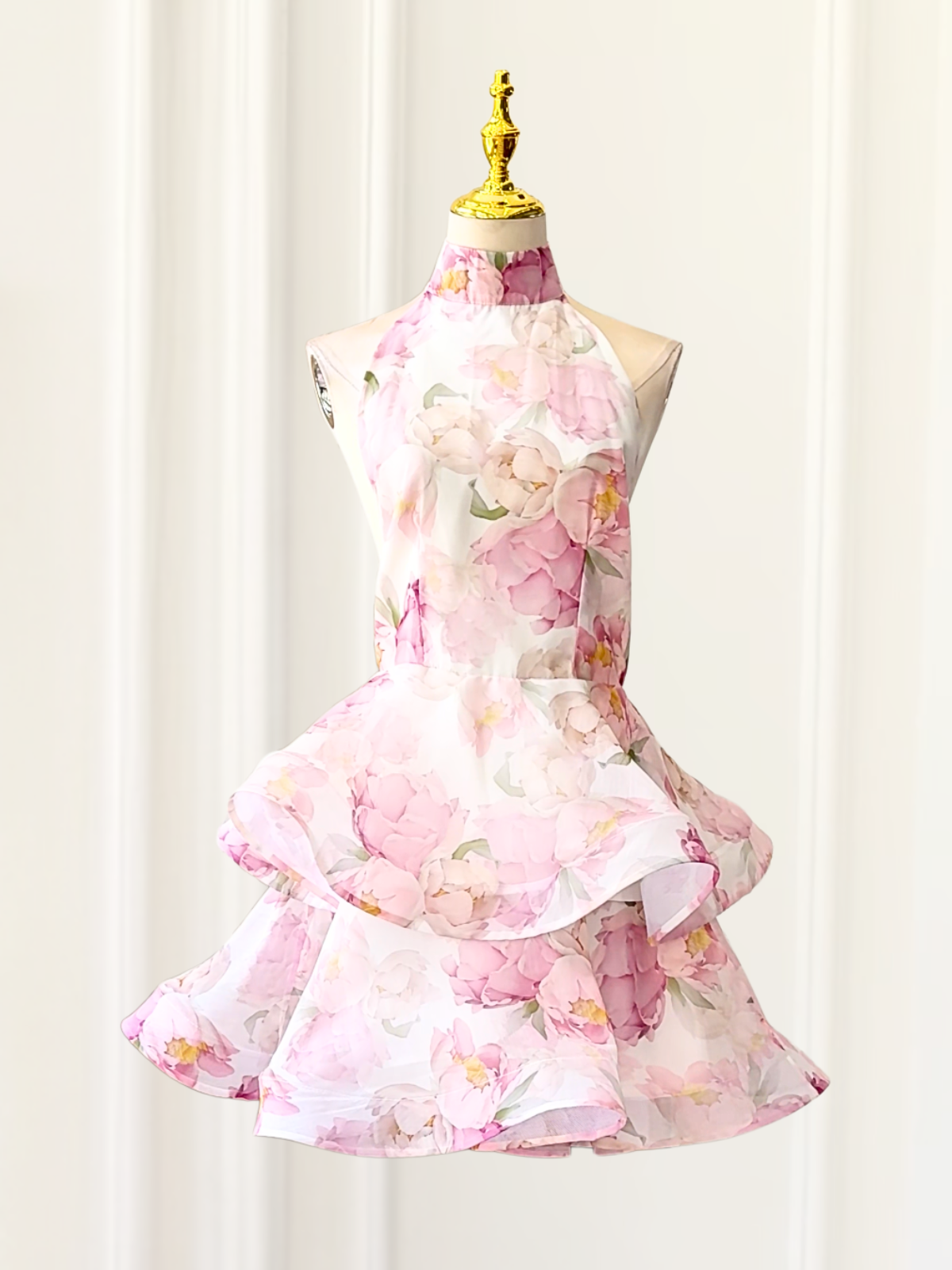 Alecto Backless Flower Printed Bow Mini Dress