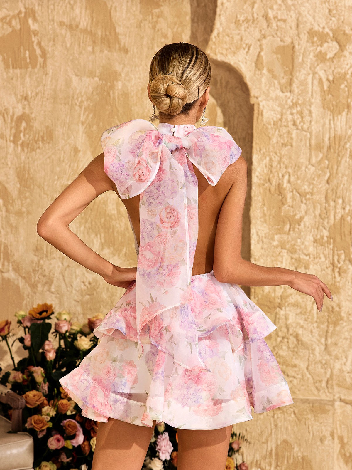 Alecto Backless Flower Printed Bow Mini Dress