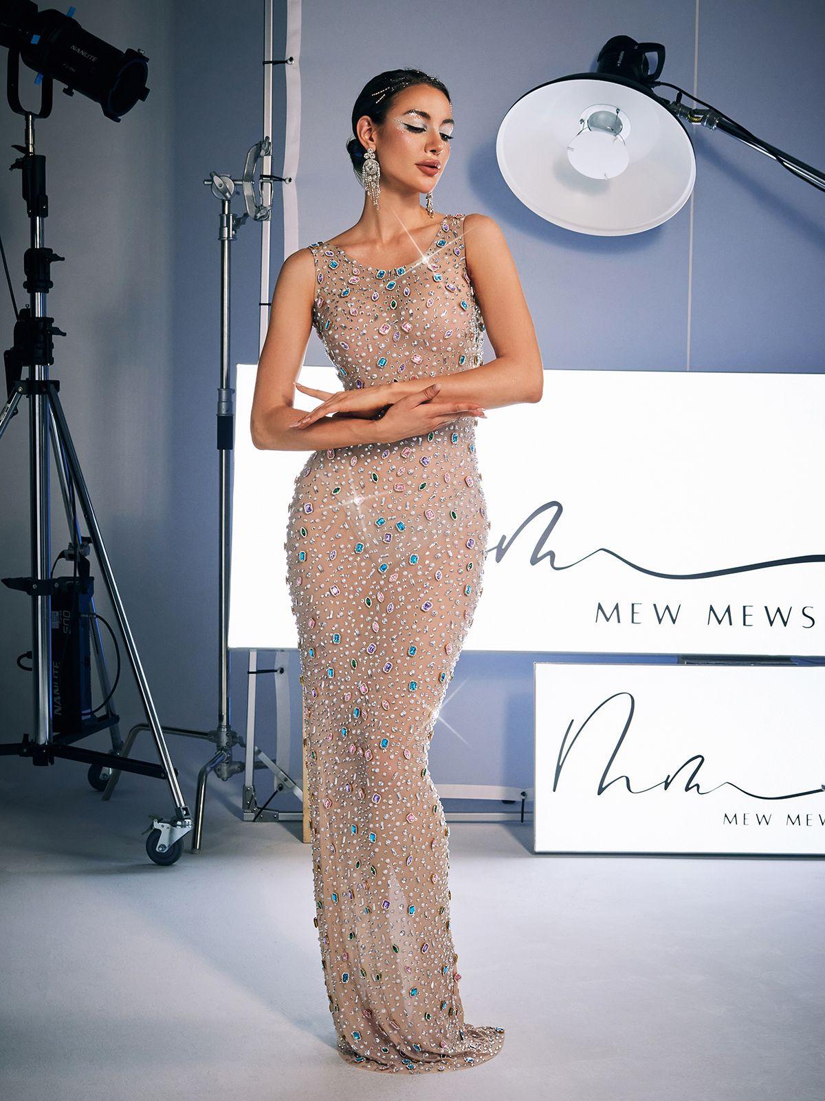 Alfredo Scoop Neck Rhinestone Maxi Dress