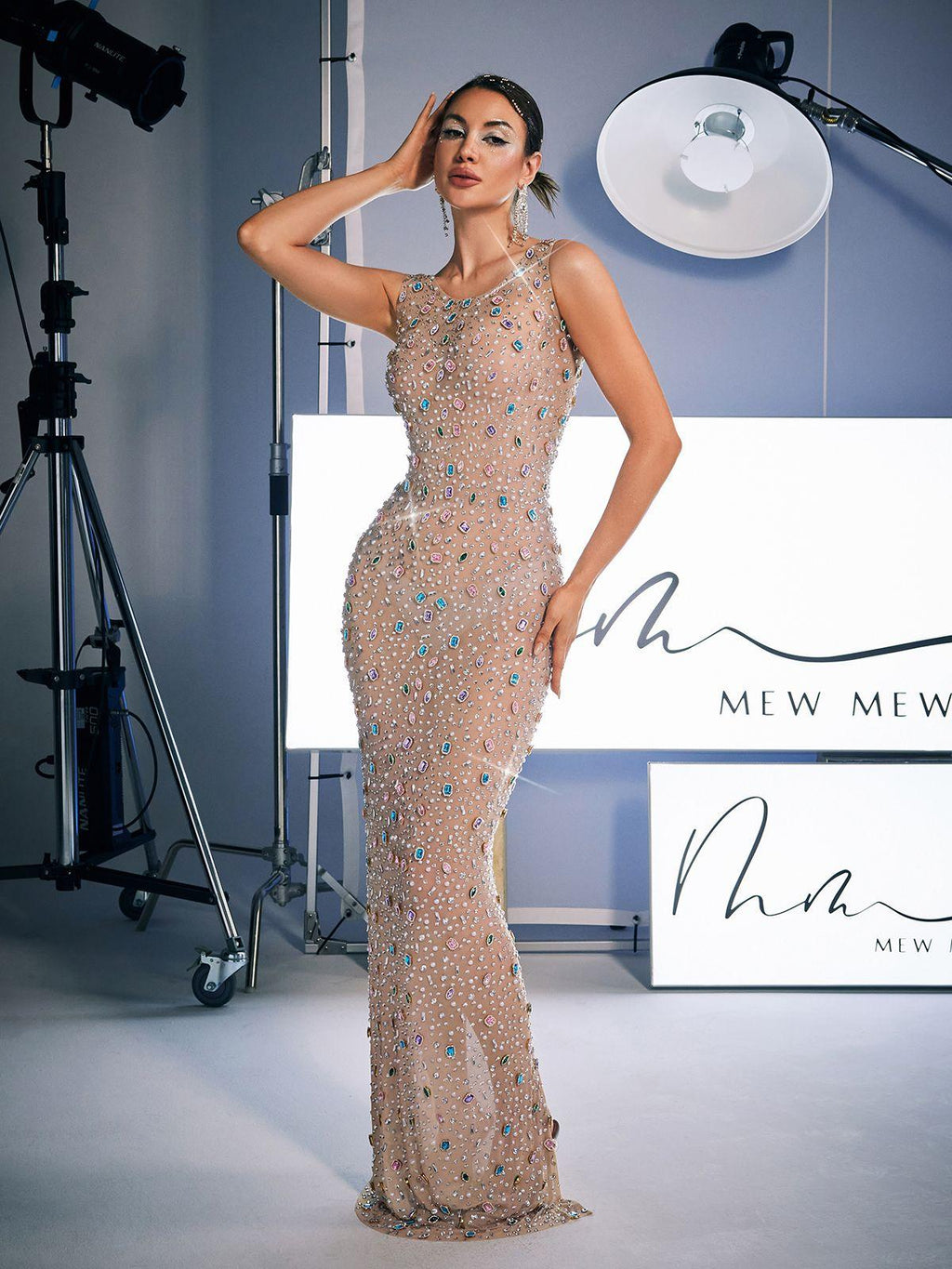 Alfredo Scoop Neck Rhinestone Maxi Dress