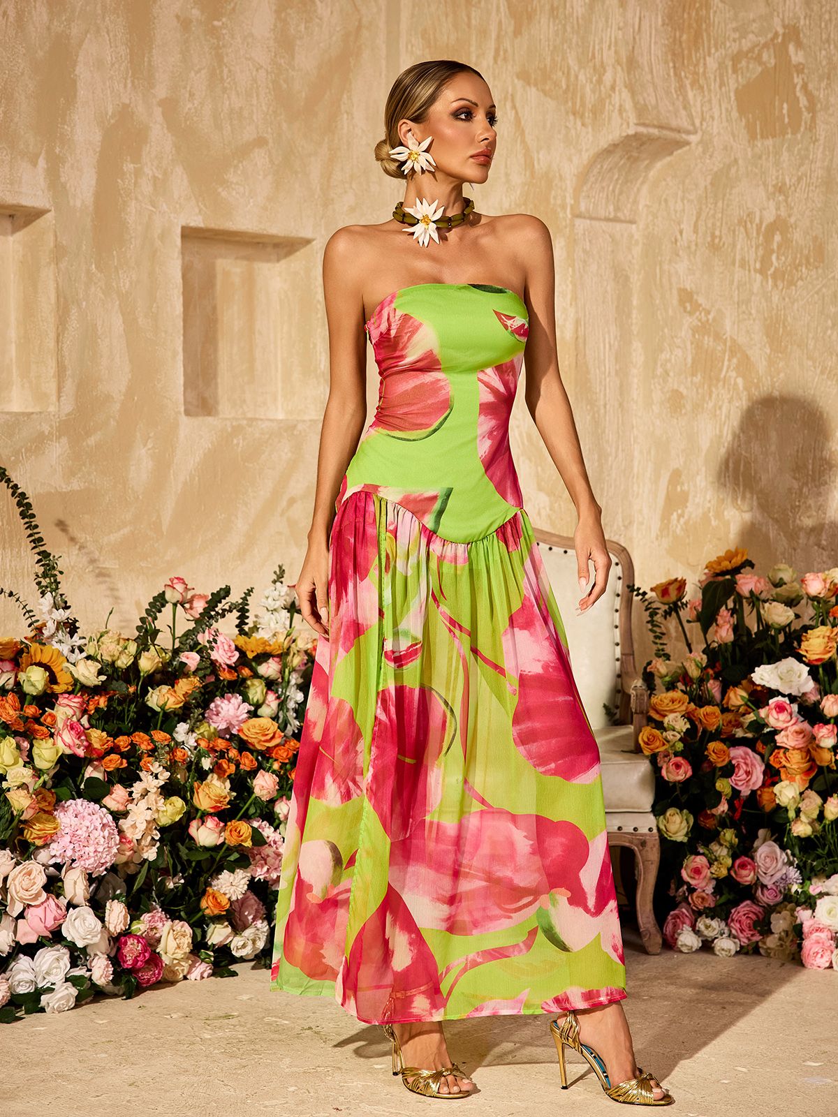 Alikae Strapless Printed Split Maxi Dress In Green