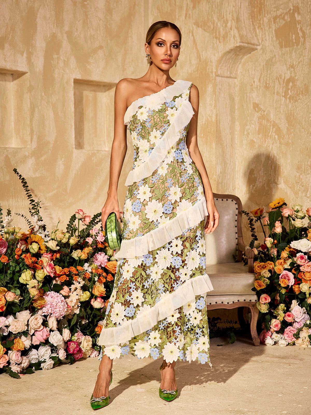 Aliona One Shoulder Flower Embroidered Maxi Dress