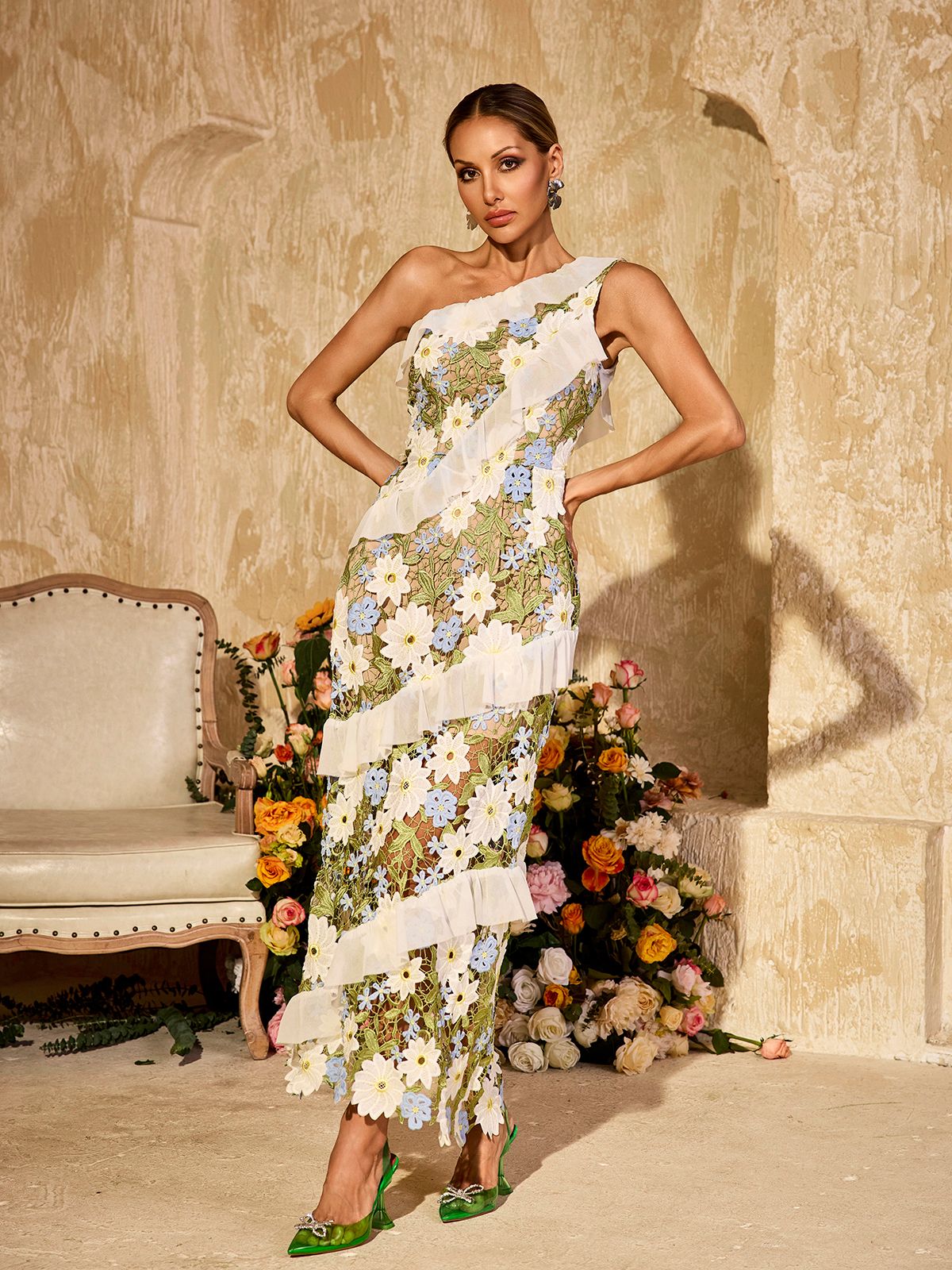 Aliona One Shoulder Flower Embroidered Maxi Dress