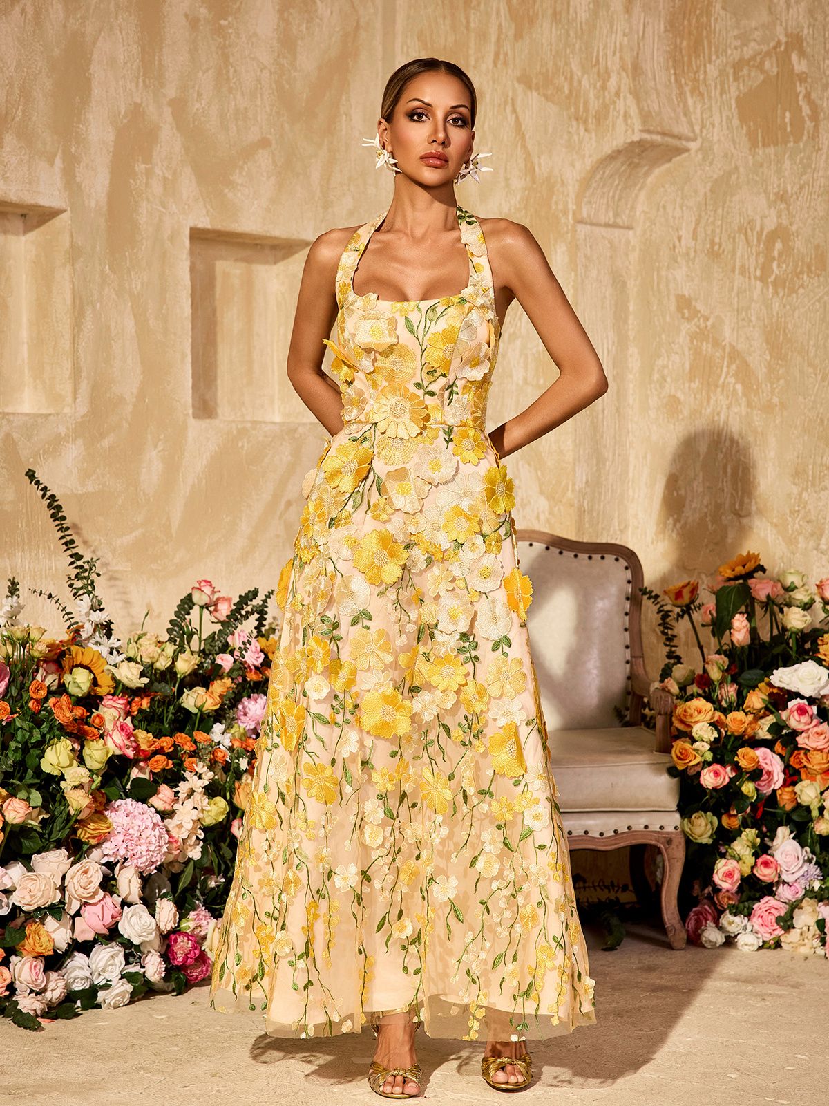 Alirio Halterneck Embroidered Flower Maxi Dress