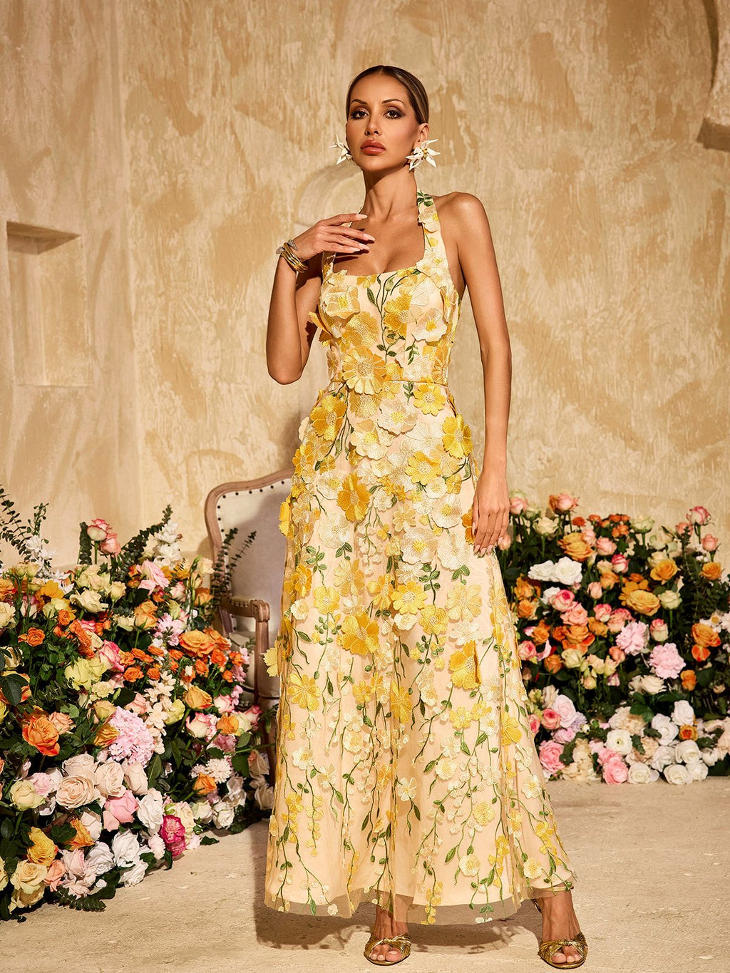 Alirio Halterneck Embroidered Flower Maxi Dress