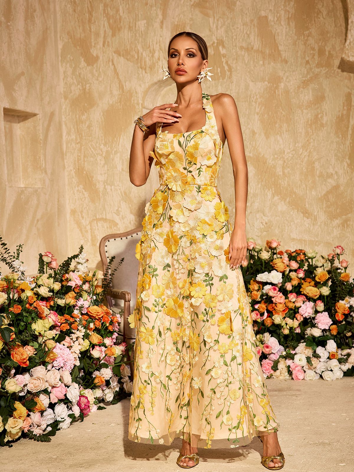 Alirio Halterneck Embroidered Flower Maxi Dress