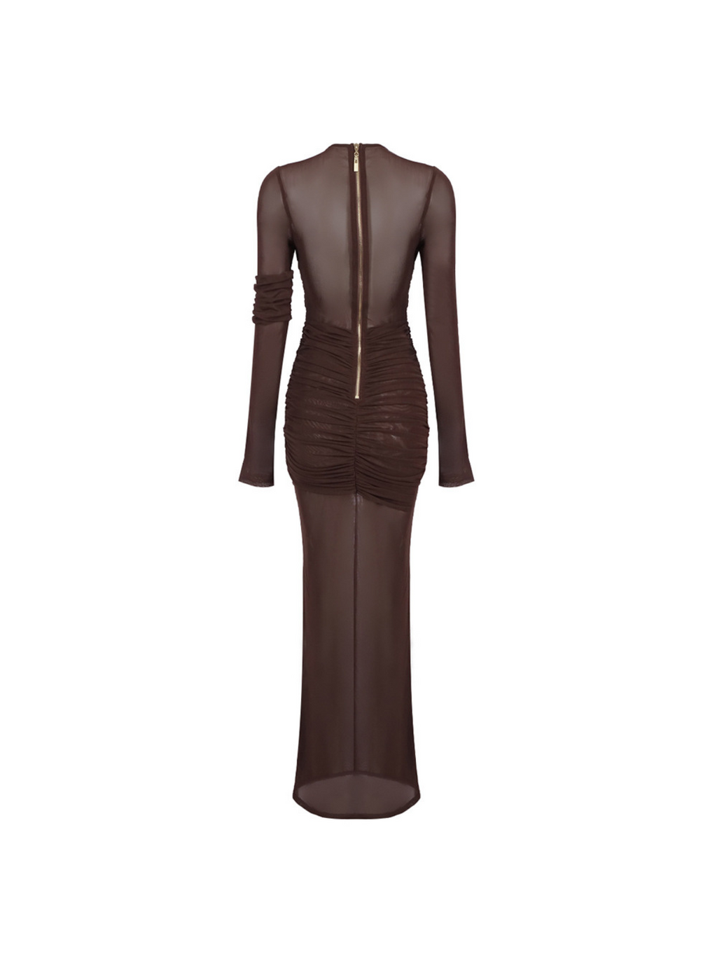Alkas Long Sleeve Ruched Mesh Maxi Dress In Coffee
